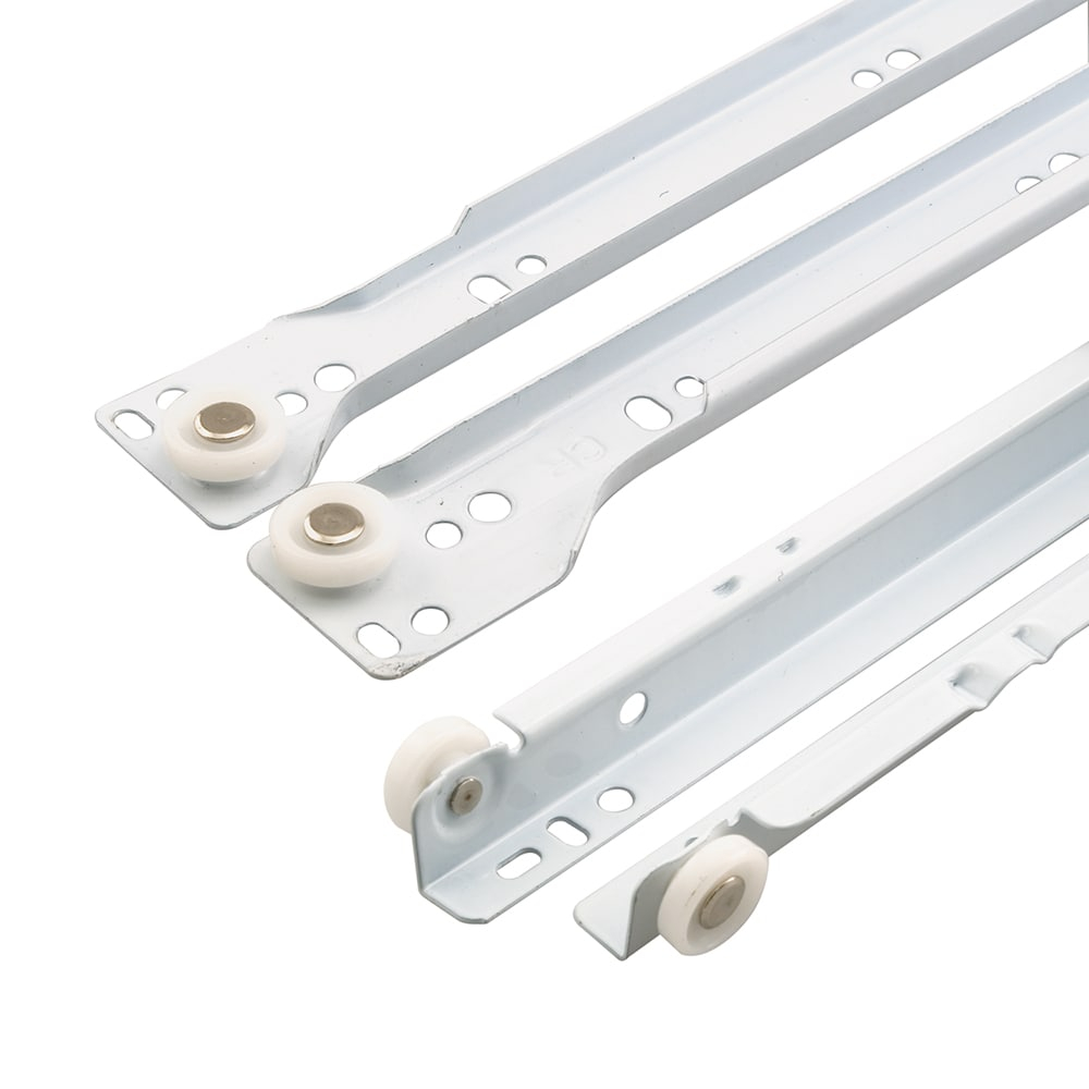 Prime-Line Drawer Slide Kit  Replace Drawer Track Hardware  Self-Closing Design Fits Most Bottom/ Side-Mounted Drawer Systems 17-3/4 In. Steel Tracks, Plastic Wheels, White (1 Pair)