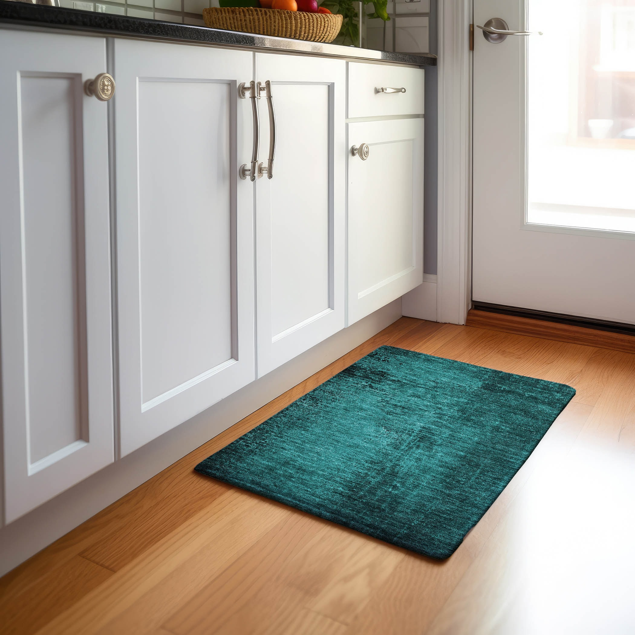 Teal Rectangular Washable Synthetic Rug, 30" x 20"