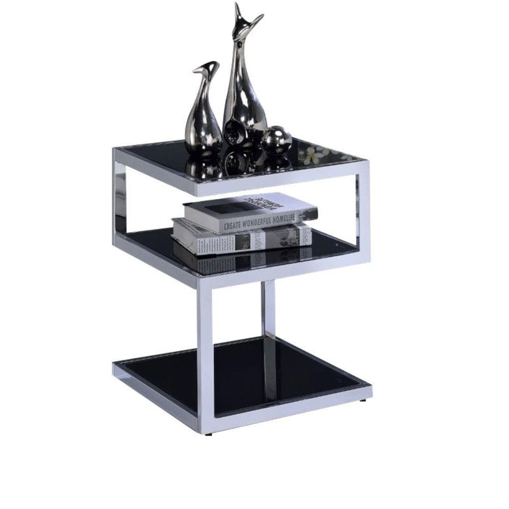 Black Glass And Chrome 3 Tier Shelves End Table