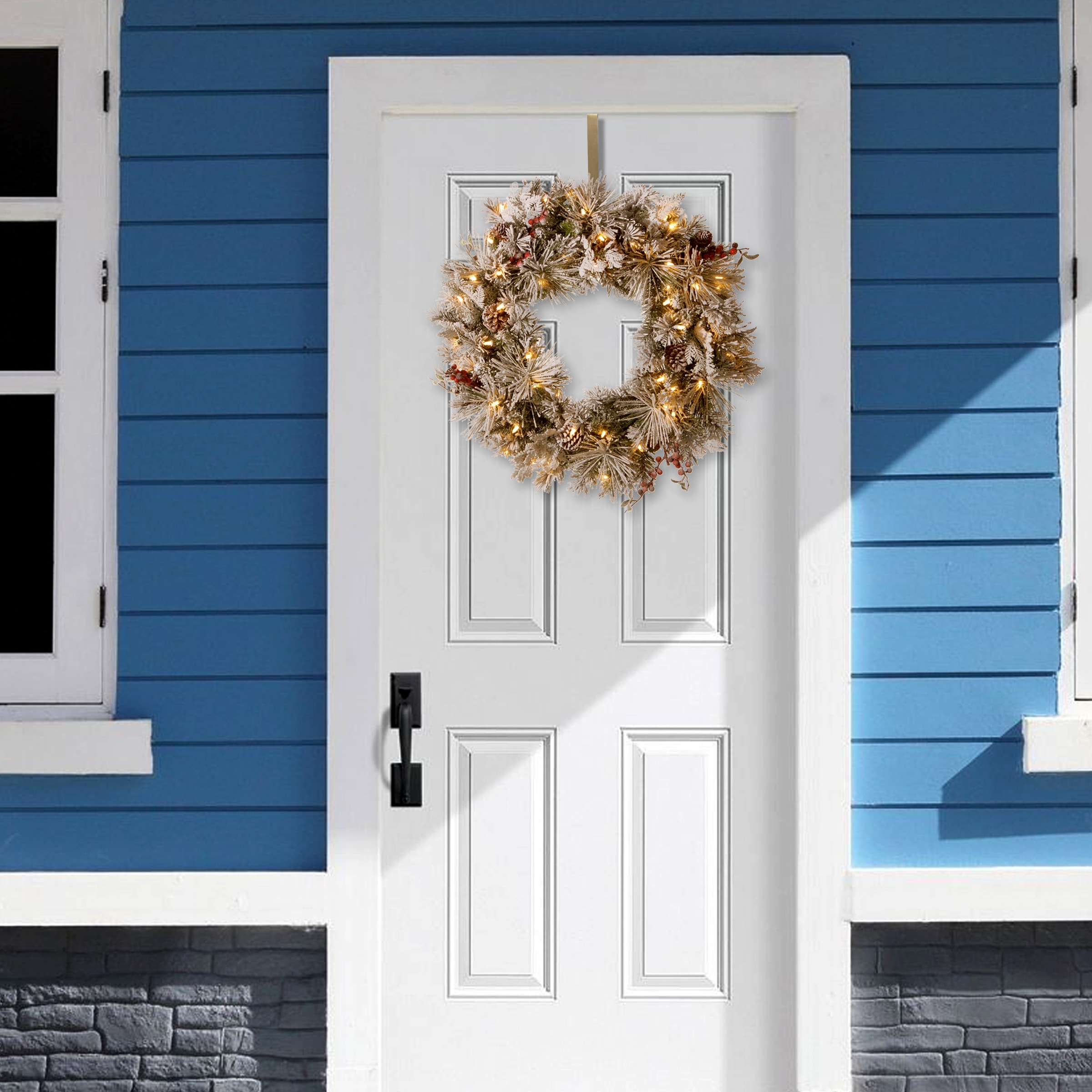 Elegant Snowy Pinecone and Berry Winter Wreath with Warm LED Lights