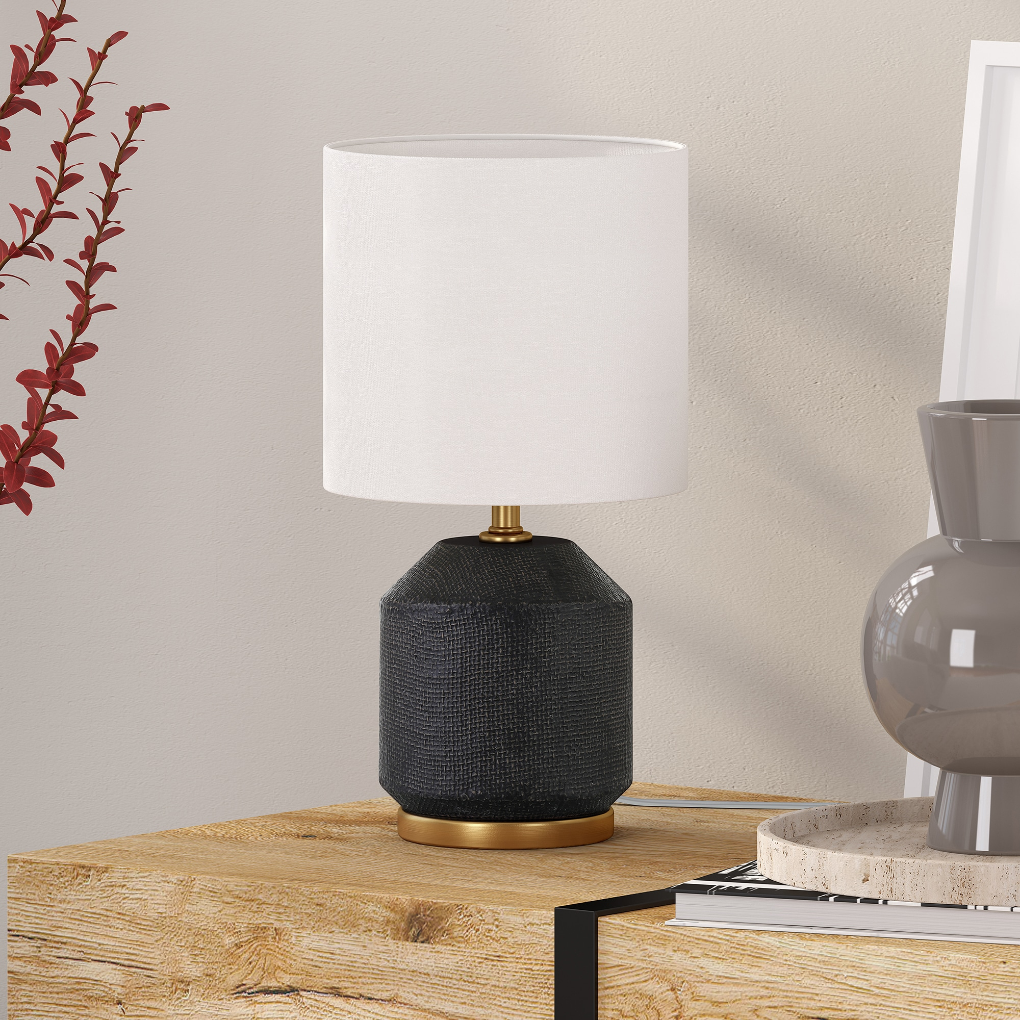 Evelyn&Zoe Esther 15" Tall Textured Ceramic Mini Lamp with Fabric Shade, Matte Black/Antique Brass/White