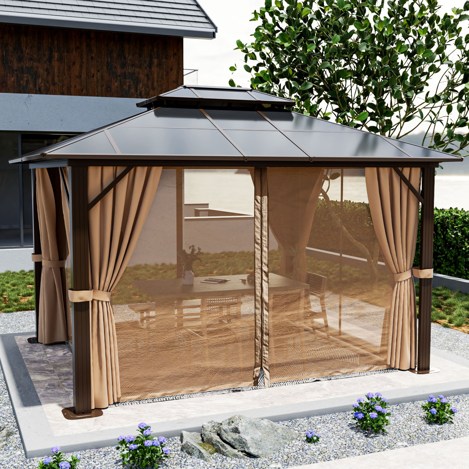 Aoxun 10'x12' Hardtop Gazebo, Aluminum Frame Permanent Pavilion with Curtains and Netting, Outdoor Polycarbonate Gazebo, Double Roof Canopy, for Gardens, Patios, Lawns