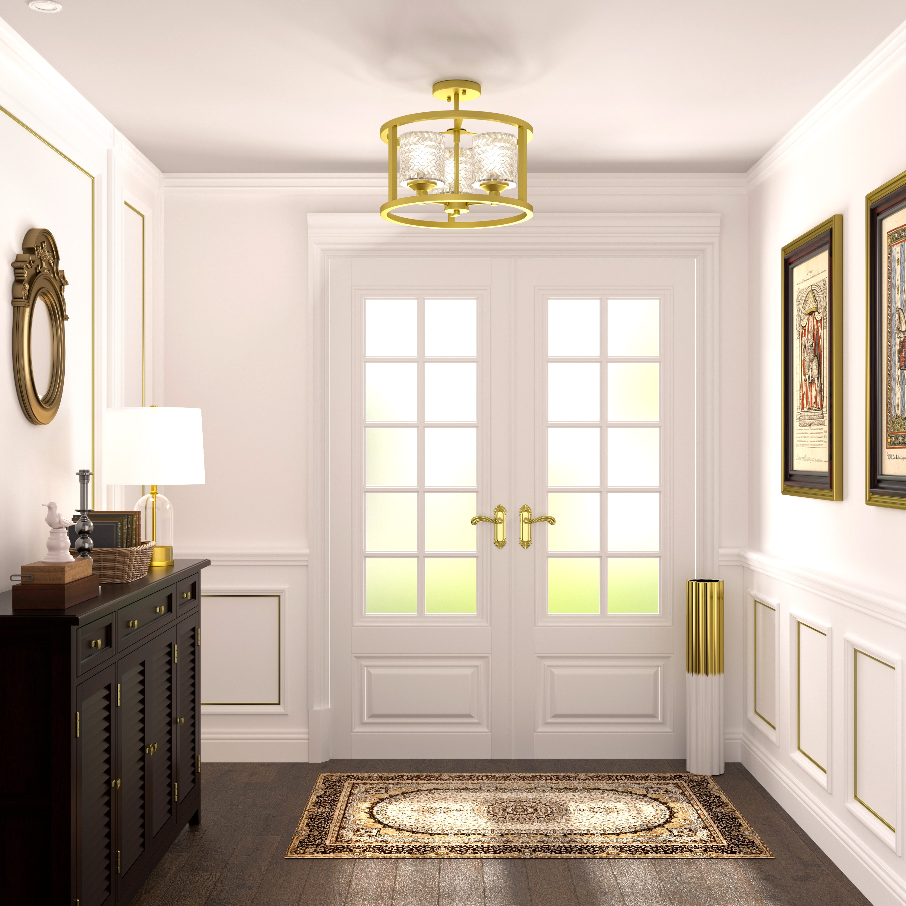 ACROMA Moulins 3-light Modern Farmhouse Semi-Flush Mount Ceiling Lights - 15'' Satin Brass