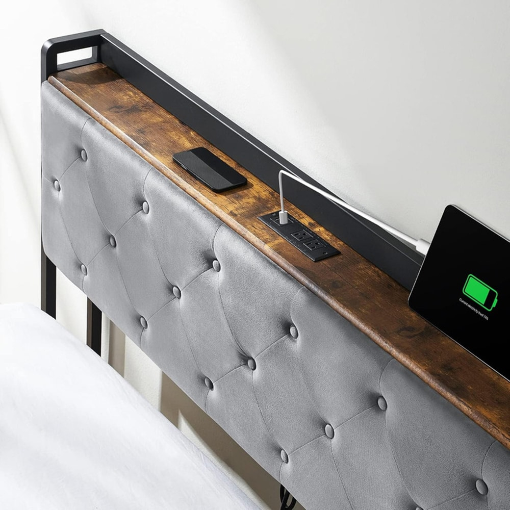 GarveeHome Full Size Bed Frame with 4 Storage Drawers and Charging Station, Upholstered Velvet Platform Bed Frame with Storage Headboard and Sturdy Wooden Slats Support, No Box Spring Needed