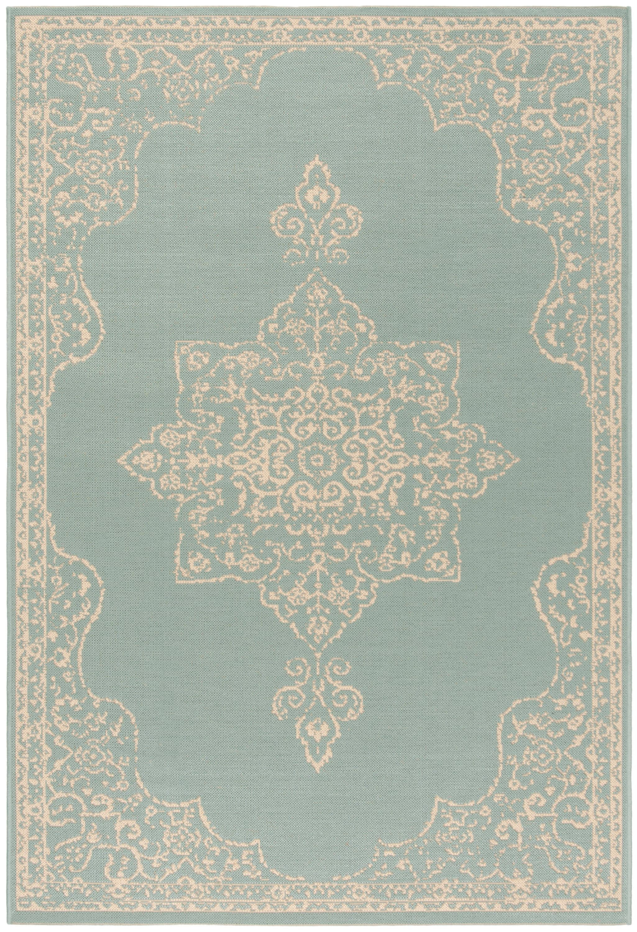 SAFAVIEH Beach House Harding Traditional Indoor/Outdoor Area Rug Cream/Aqua, 5'3" x 7'6"