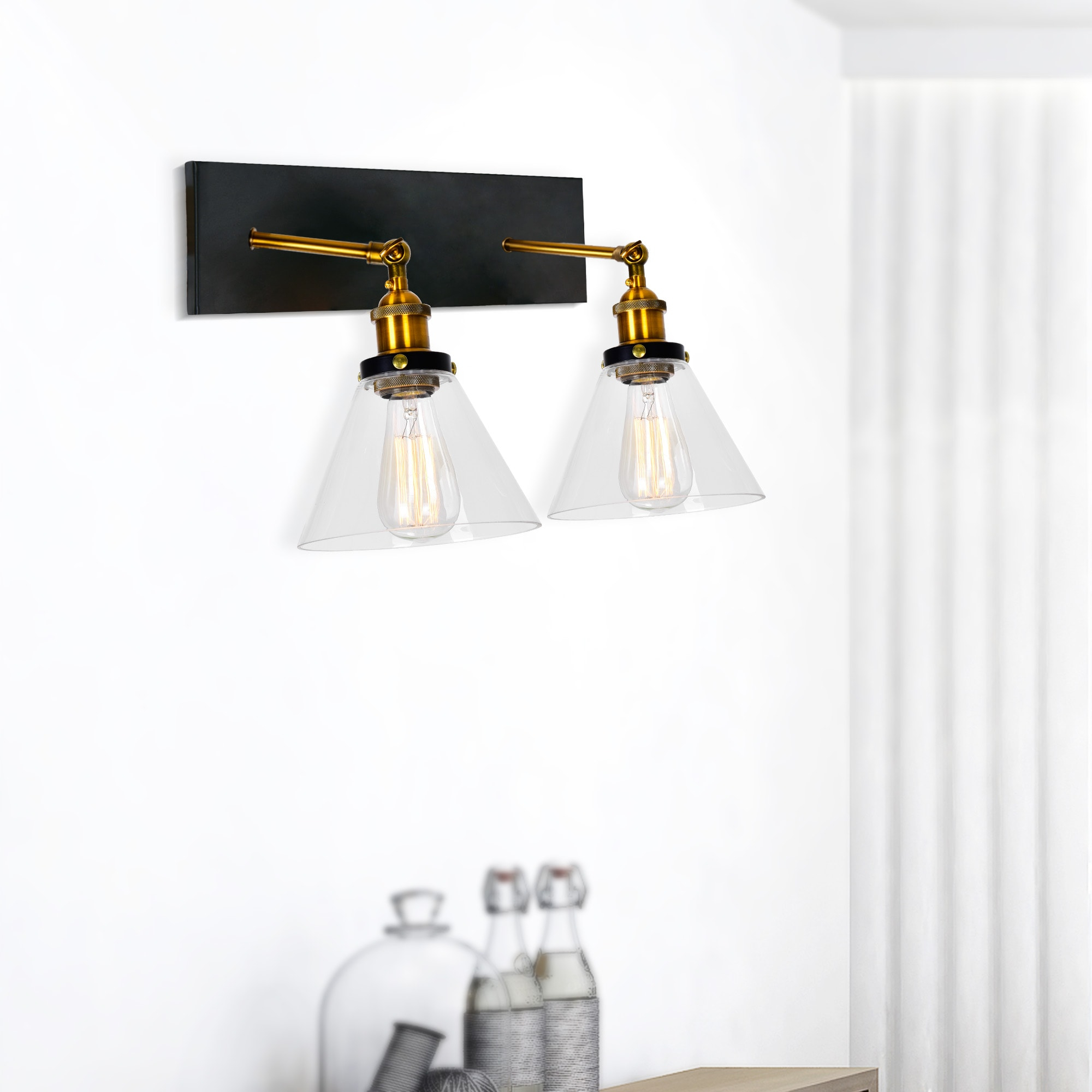 Elegant Dual-Arm Black and Gold Brass Wall Sconce
