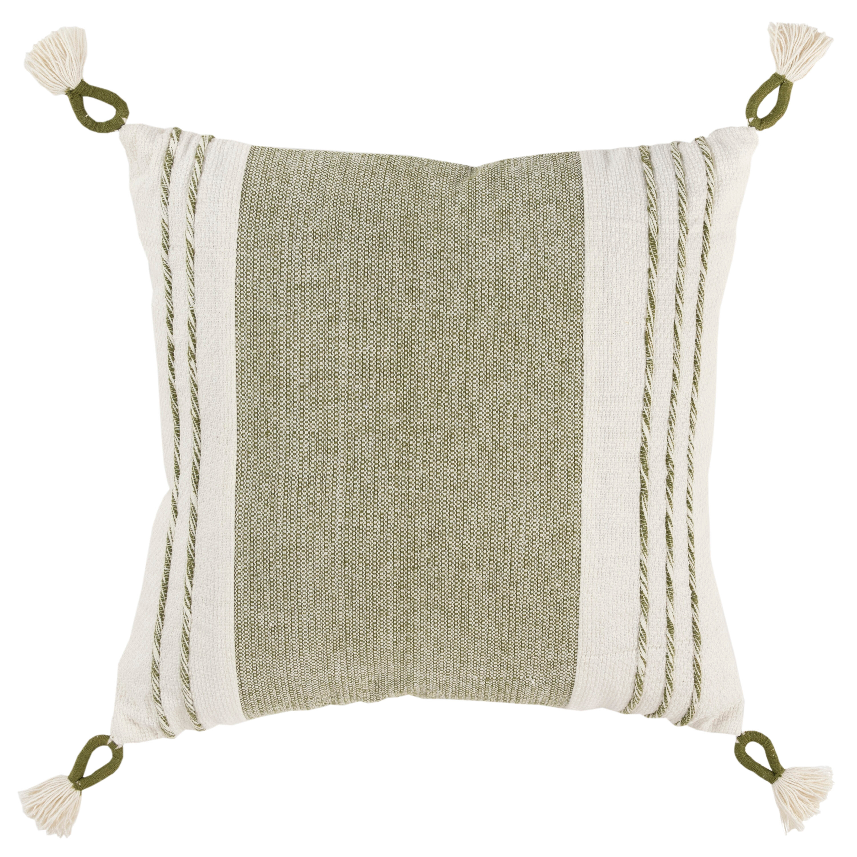 Moss Green and White Cotton Square Decorative Pillow with Tassels