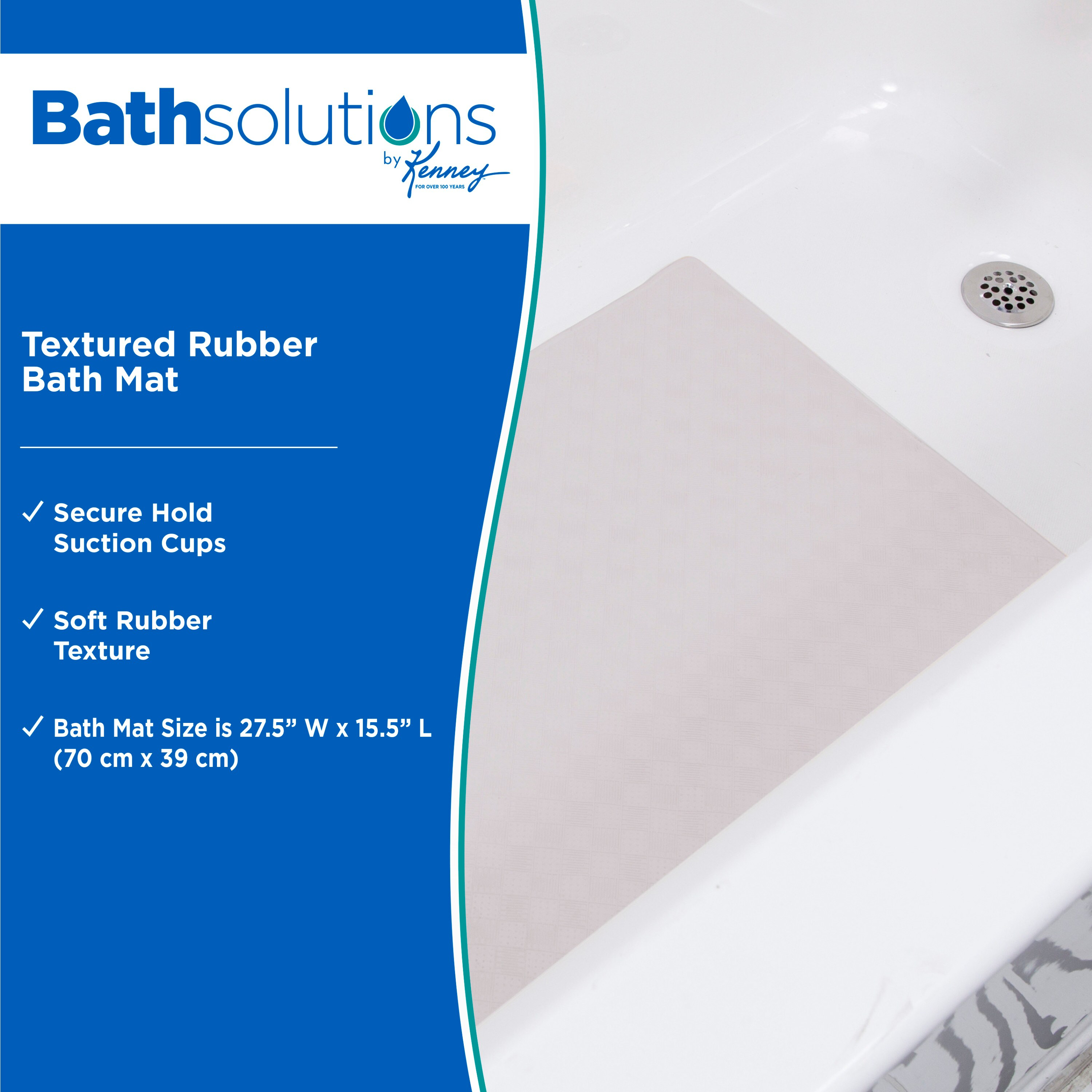 Kenney® Inside the Shower Textured Rubber Bath Mat with Suction Cups, 27.5" L x 15.5" W, Off White