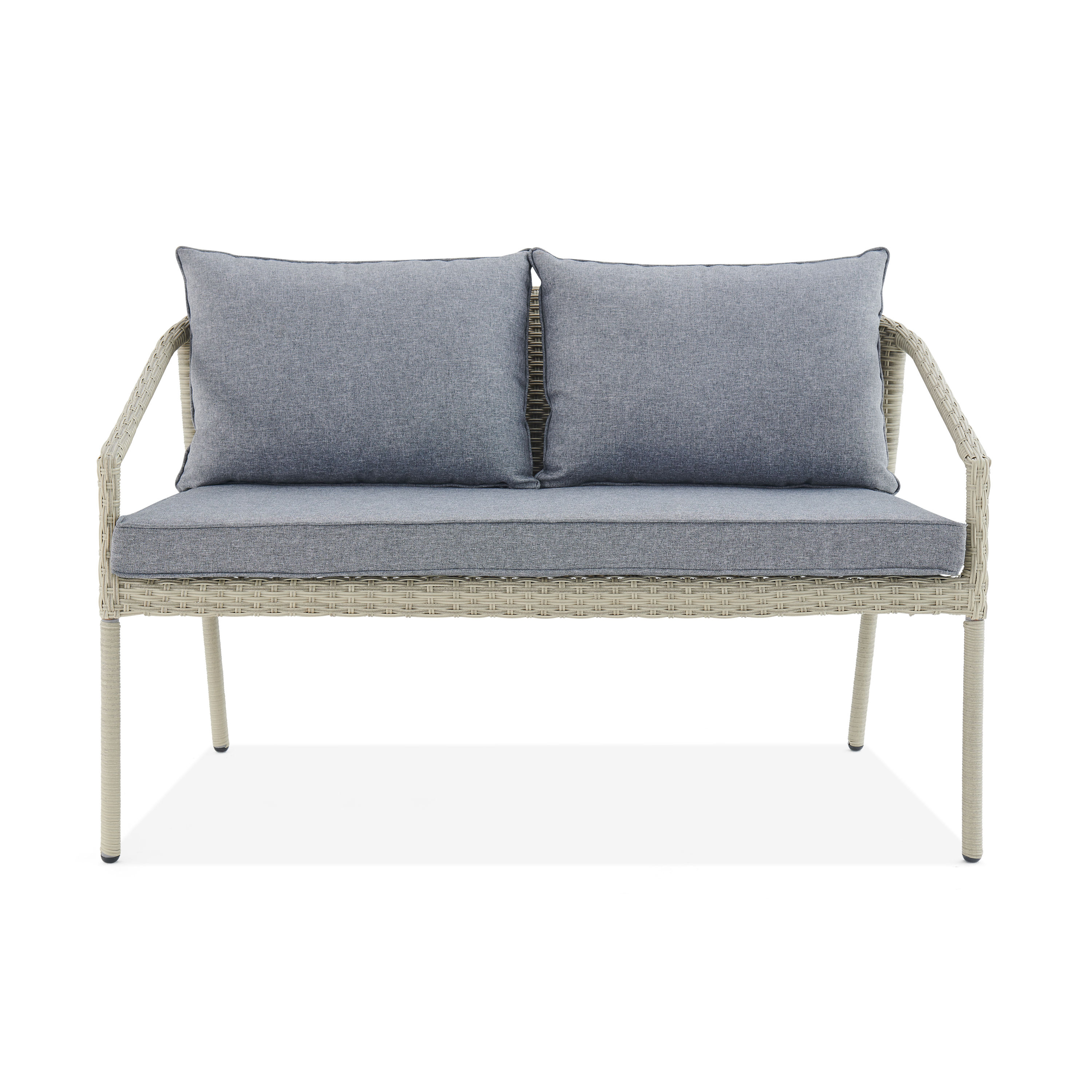Windham All-Weather Wicker Two-Seat Outdoor Light Gray Bench with Dark Gray Cushions