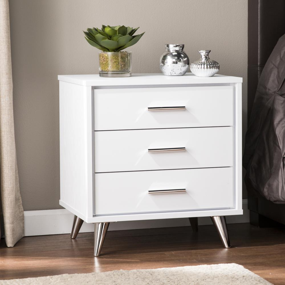 SEI Furniture Oren 3 Drawer Nightstand in White and Chrome