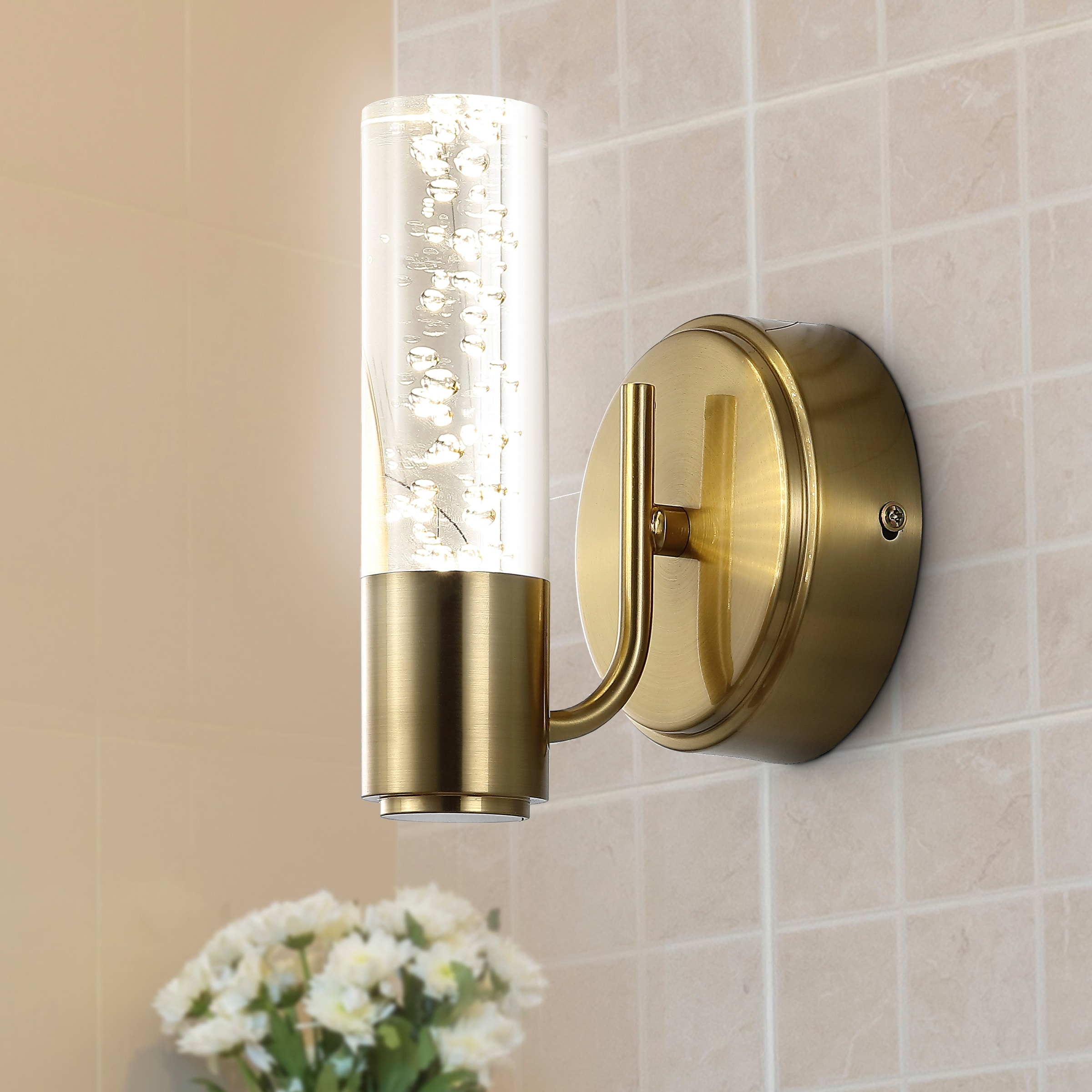 Bolha 5.5" 1-Light Minimalist Modern Bubble Acrylic/Iron Integrated LED Vanity Light, Brass Gold