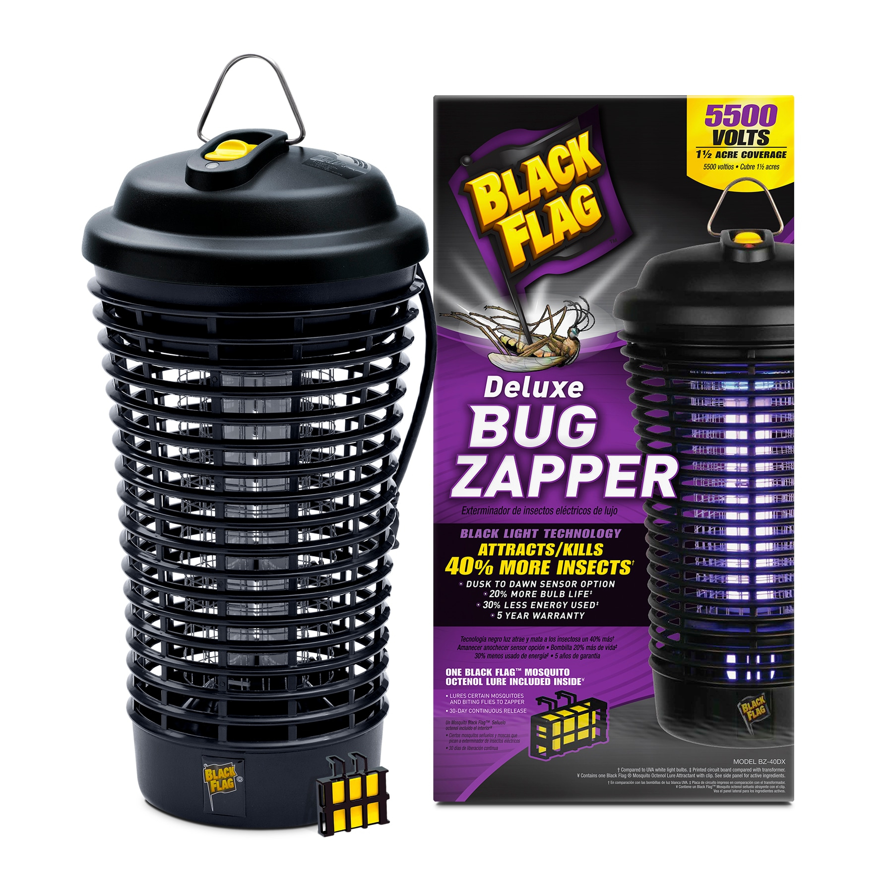 Black Flag 5500 Volt Deluxe 40 Watt Electronic Insect Killer,  Bug Zapper, 1.5 Acre Coverage, Black