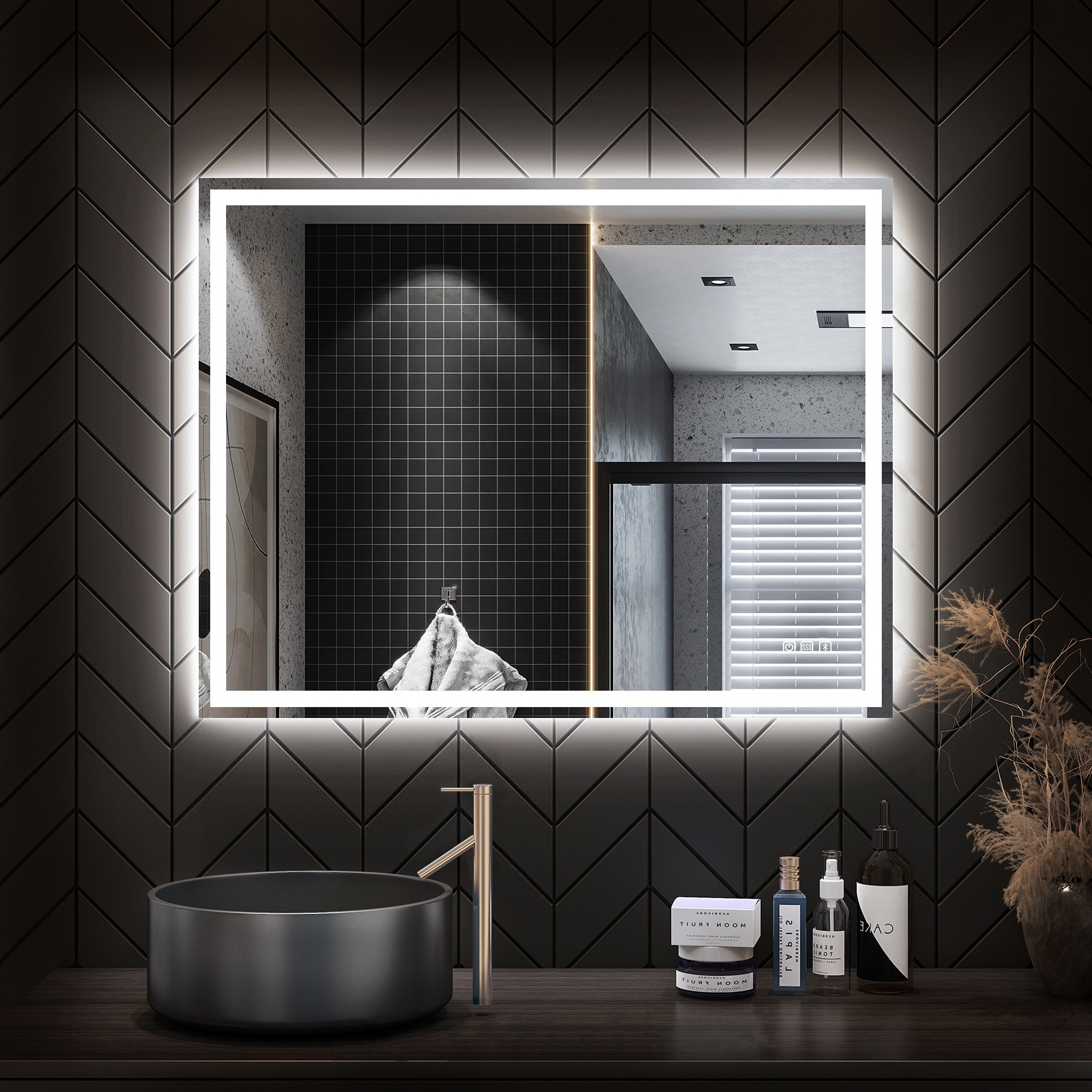 LED Lighted 32x24 Wall Mounted Frameless Rectangle Bathroom Vanity Mirror with Defogger