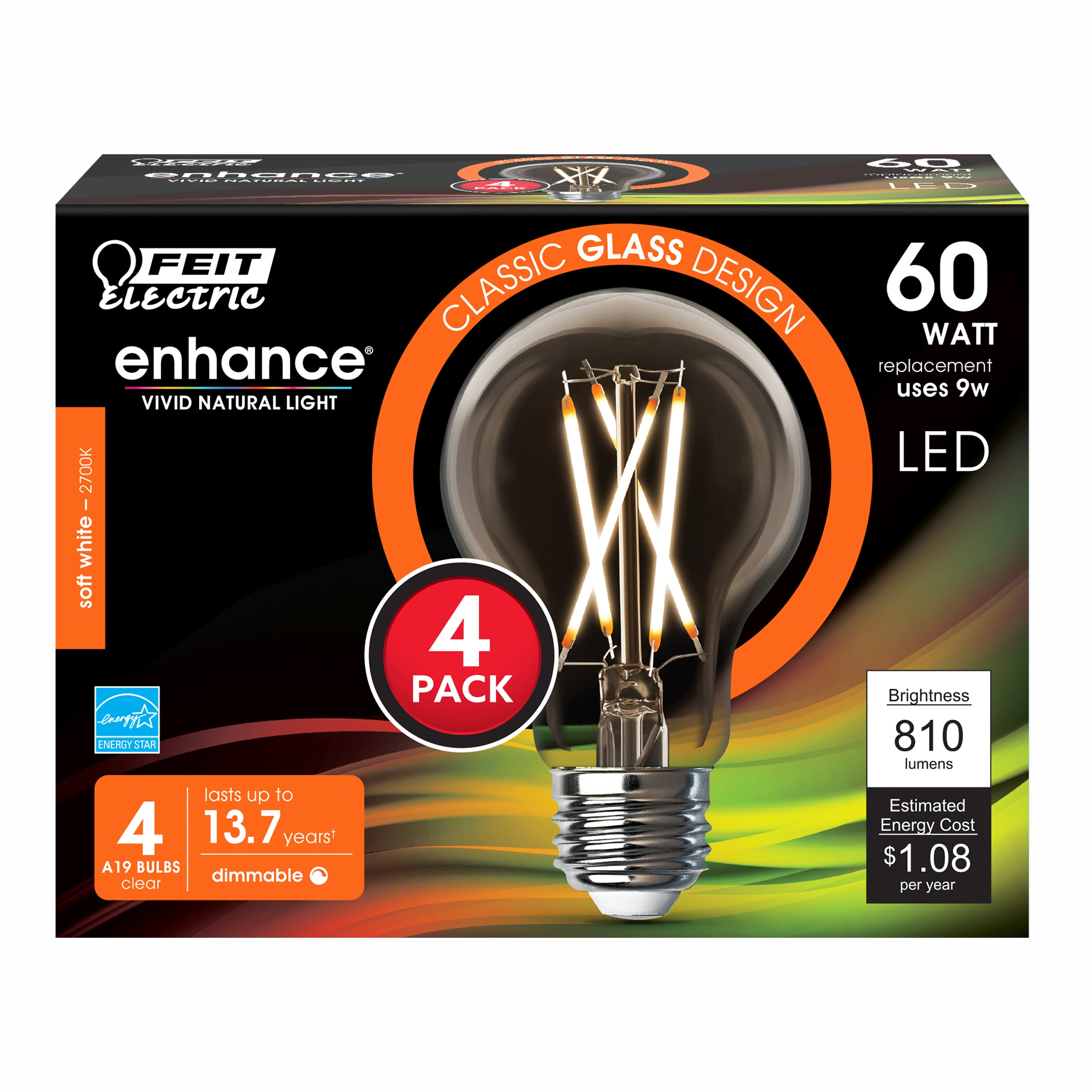 Feit Electric A19 E26 (Medium) Filament LED Bulb Soft White 60 Watt Equivalence 4 pk