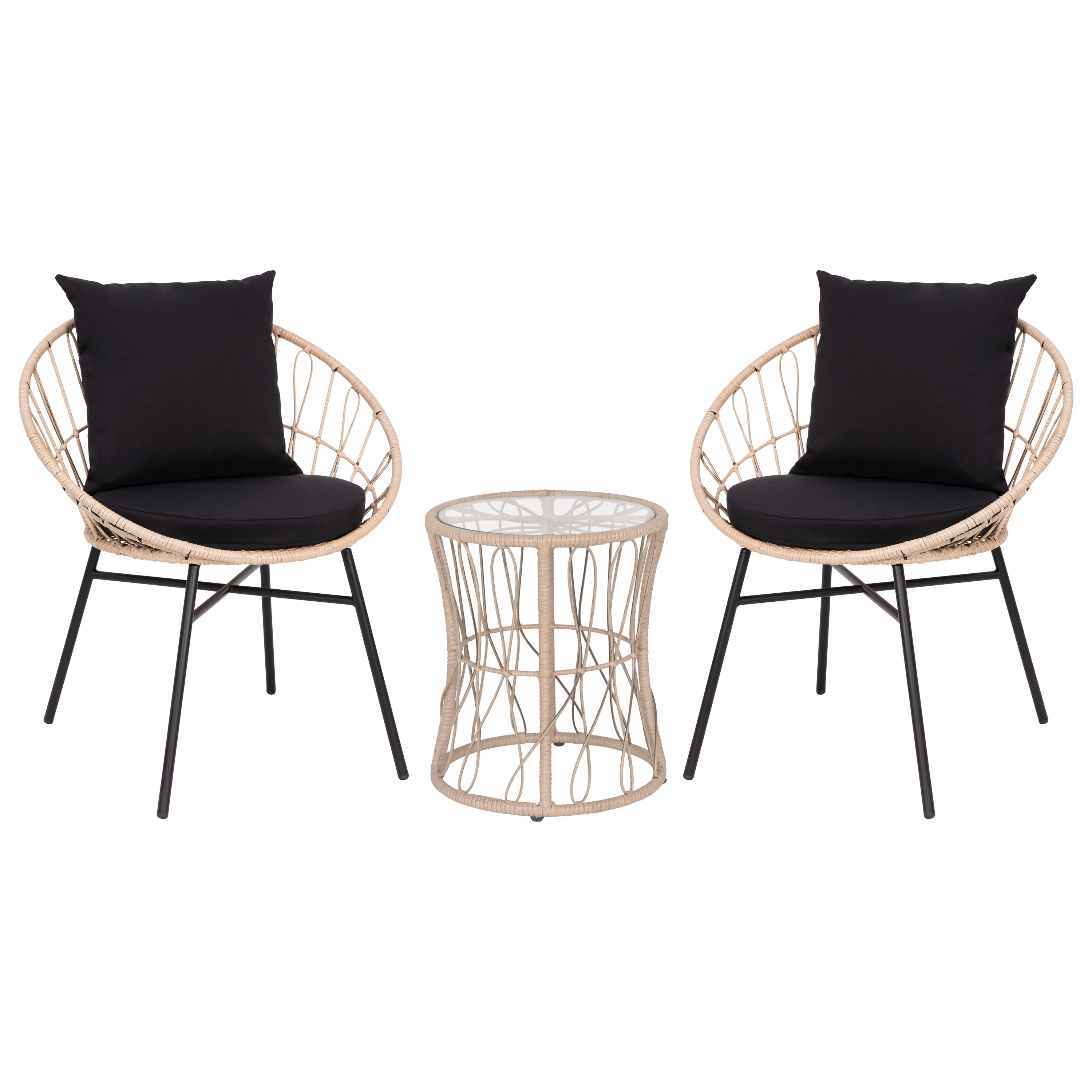 Taylor & Logan Fielder 3-Piece Tan Indoor/Outdoor Bistro Set with Papasan Style Rattan Rope Chairs, Glass Top Side Table & Black Cushions