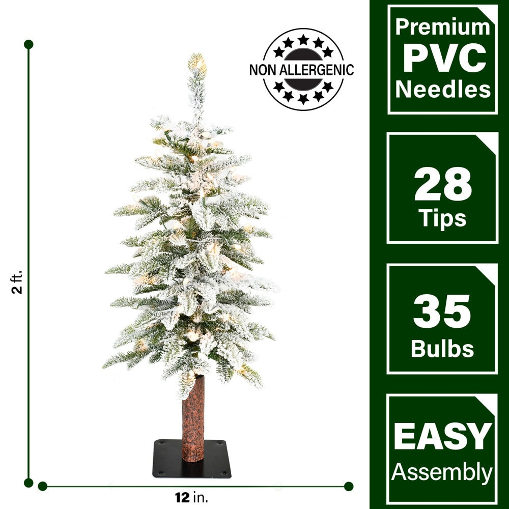 Fraser Hill Farm 2-Ft. Snowy Downswept Tree with Clear Lights | Metal Stand Included | Festive Christmas Holiday Decor | White | FFSD024-1SN