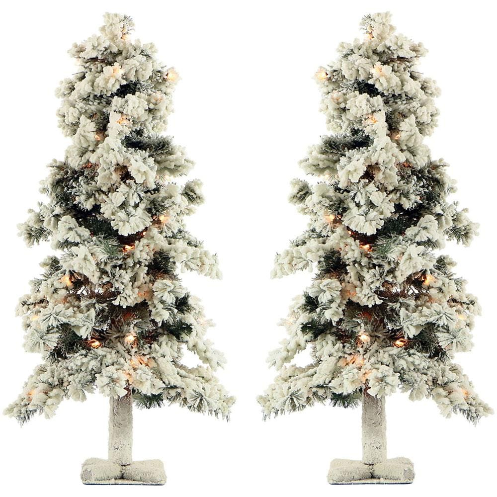 Fraser Hill Farm Set of Two 2-Ft. Snowy Alpine Artificial Trees with Clear Lights
