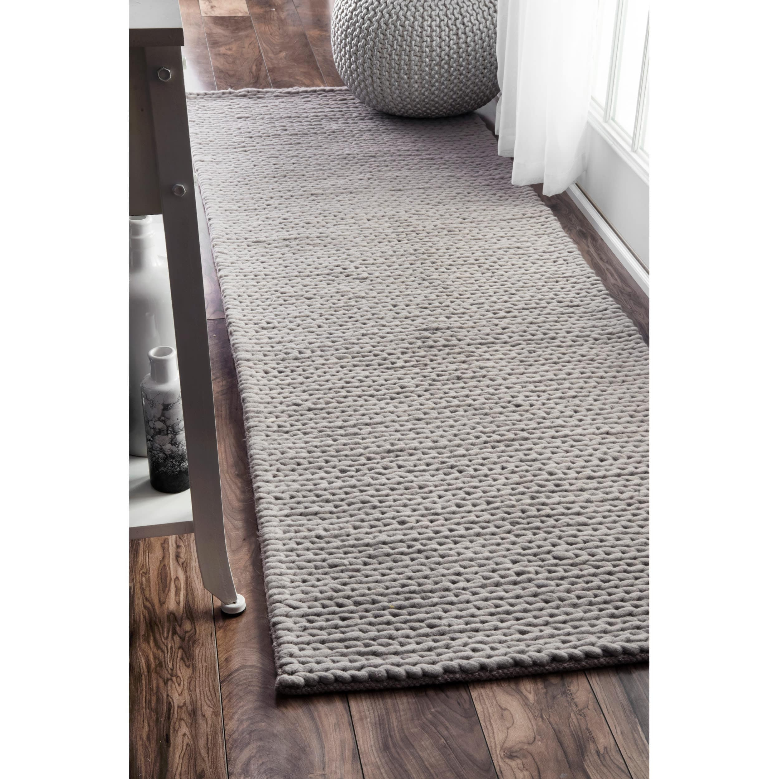 nuLOOM 2x8 Penelope Wool Braided Handmade Area Rug, Light Grey, Solid Rustic Farmhouse Style, For Bedroom, Living Room, Hallway, Entryway