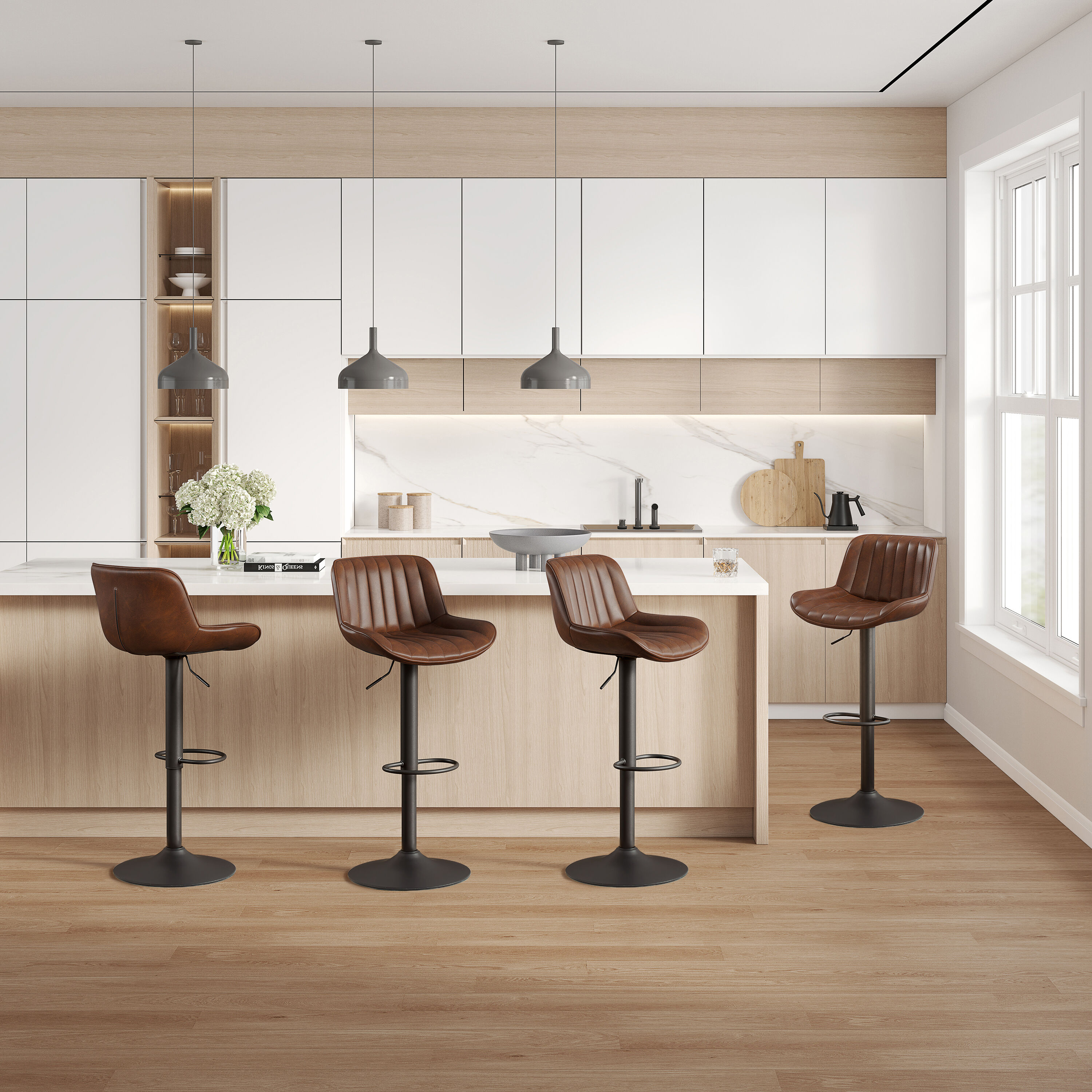 Art Leon Rustic Bar Stools Set of 2, Faux Leather with Backrest Chrome Legs, Upholstered Swivel Kitchen Stools, Cognac