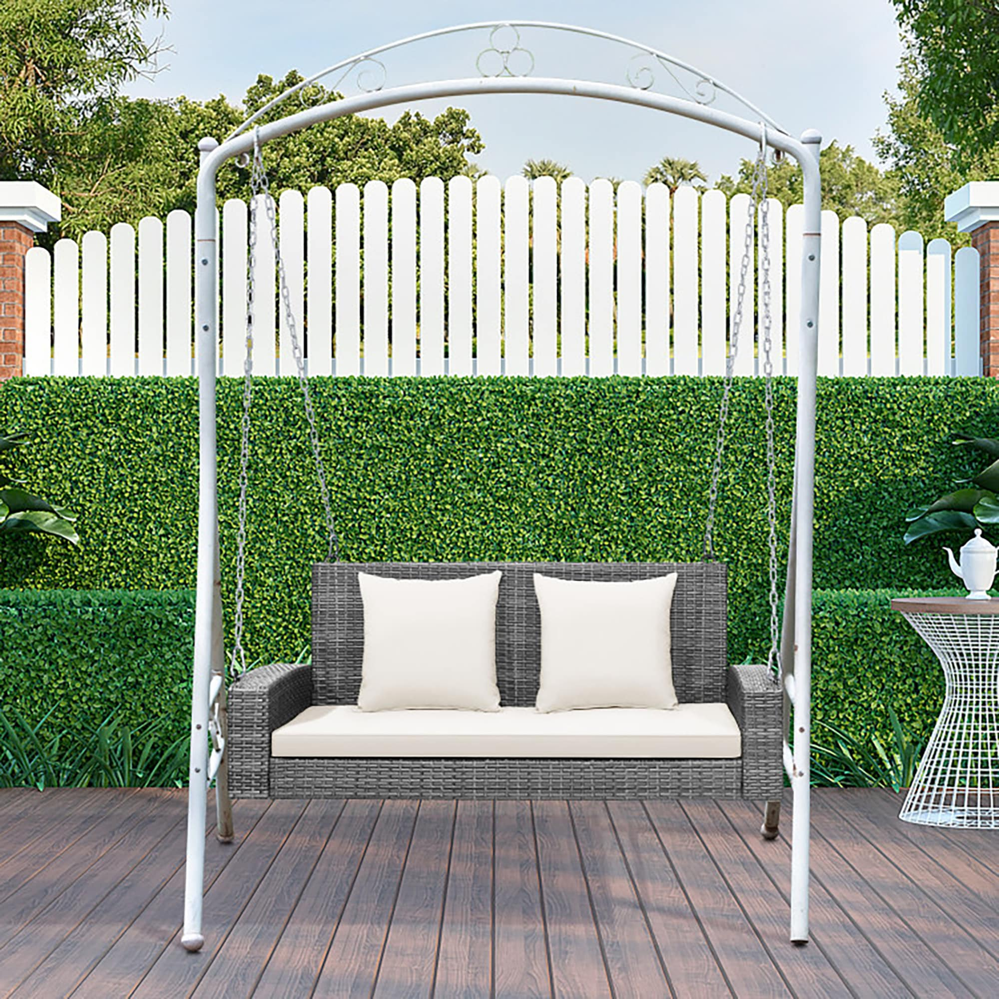 Kadyn Patio Swing Chair, Outdoor Swing Bench,2-Person Patio PE Wicker Hanging Porch Swing Bench Chair Cushion 800 Pounds-White