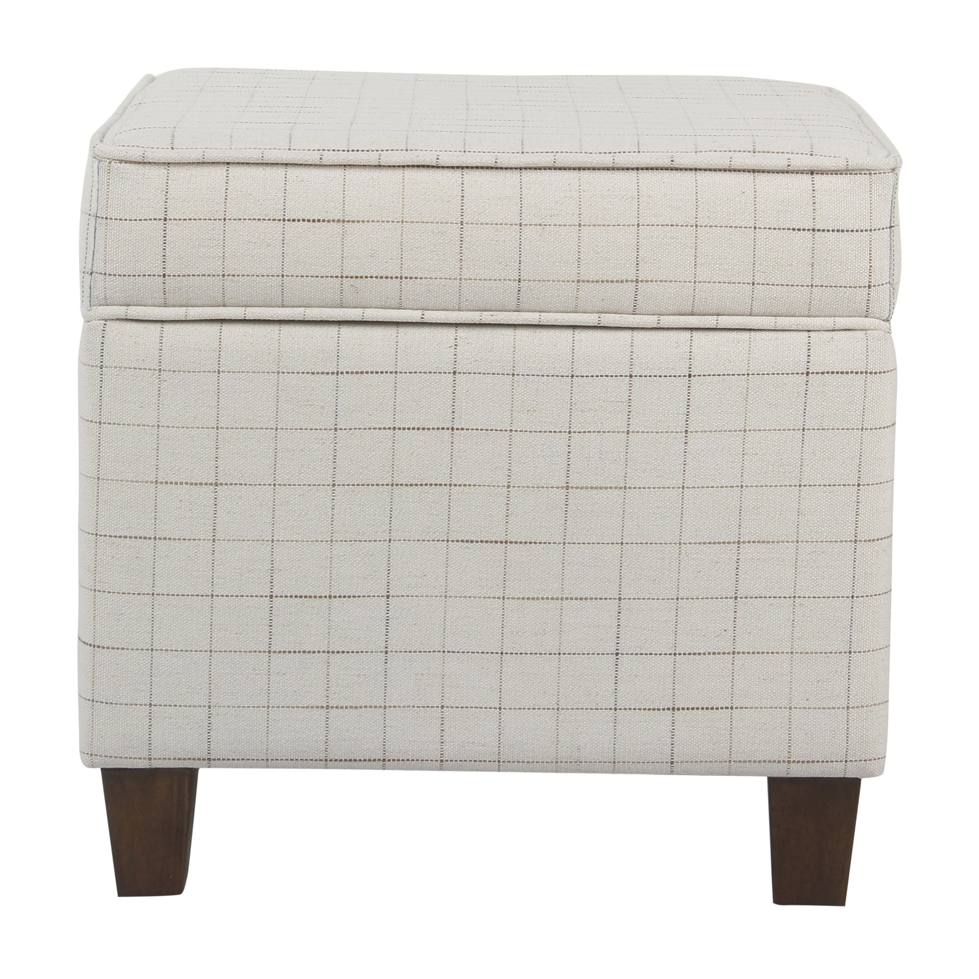 Benzara Wooden Square Ottoman with Grid Patterned Fabric Upholstery and Hidden Storage, Beige and Brown