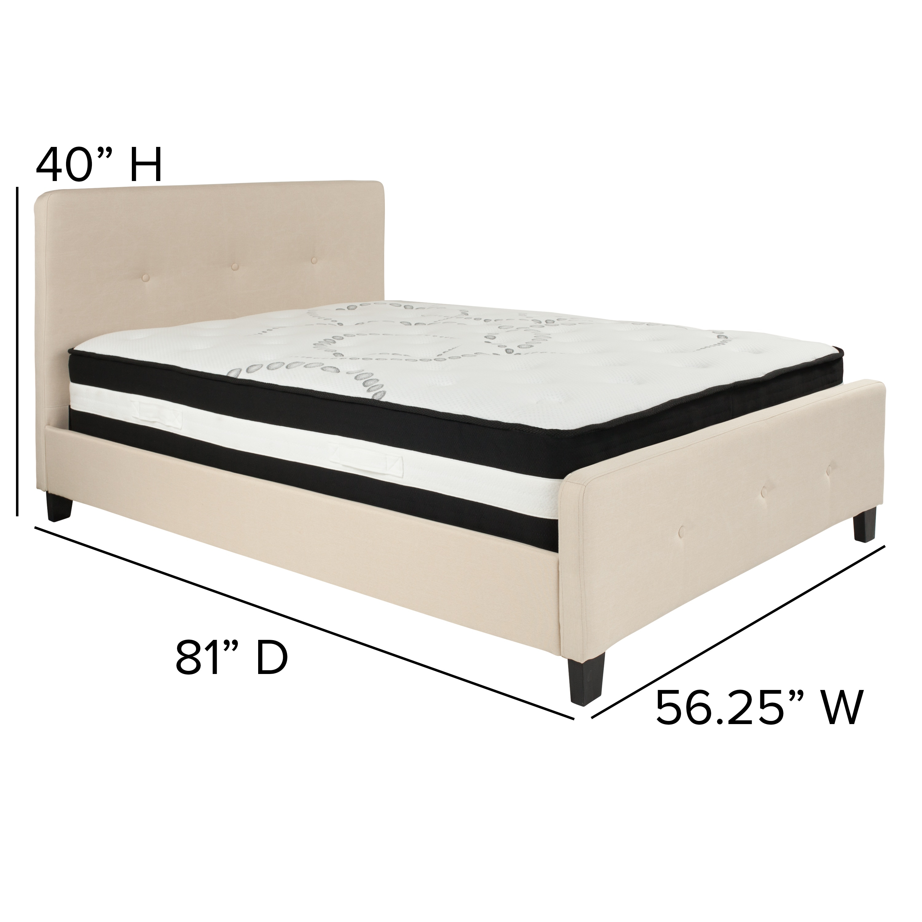 Flash Furniture Tribeca Full Size Tufted Upholstered Platform Bed in Beige Fabric with Pocket Spring Mattress