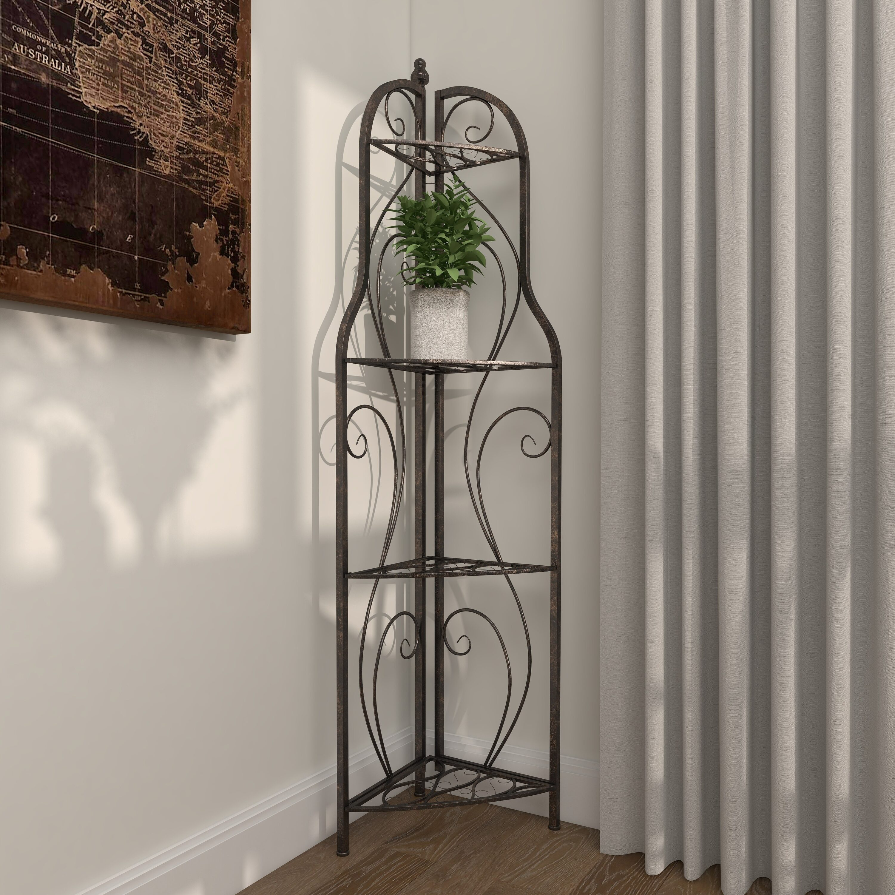 DecMode 17" x 60" Black Metal Scroll Indoor Outdoor Tall Folding 4 Shelves Bakers Rack, 1-Piece