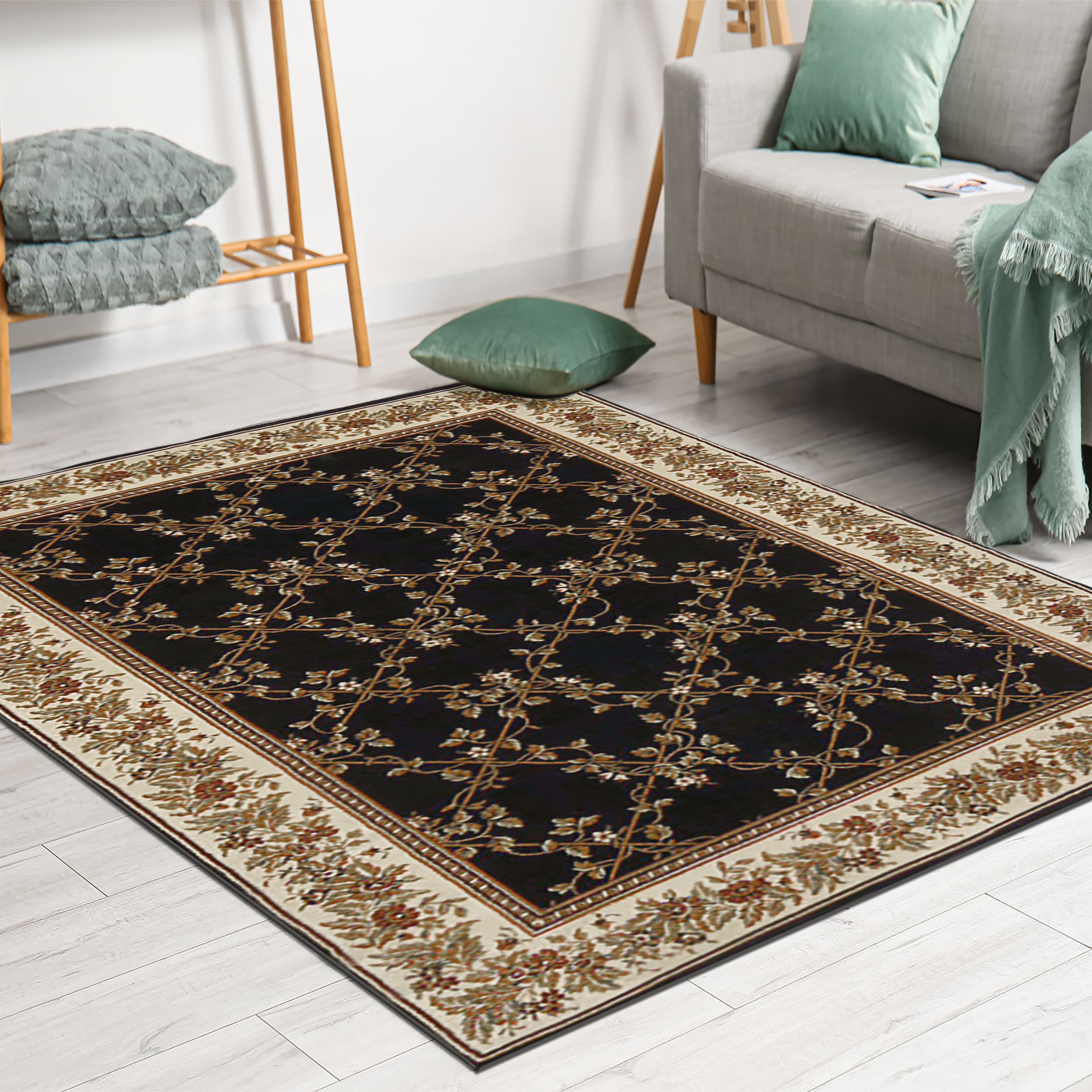 Radici Usa Noble Area Rug 1427 Black Floral Country 3' 3" x 5' 4" Rectangle