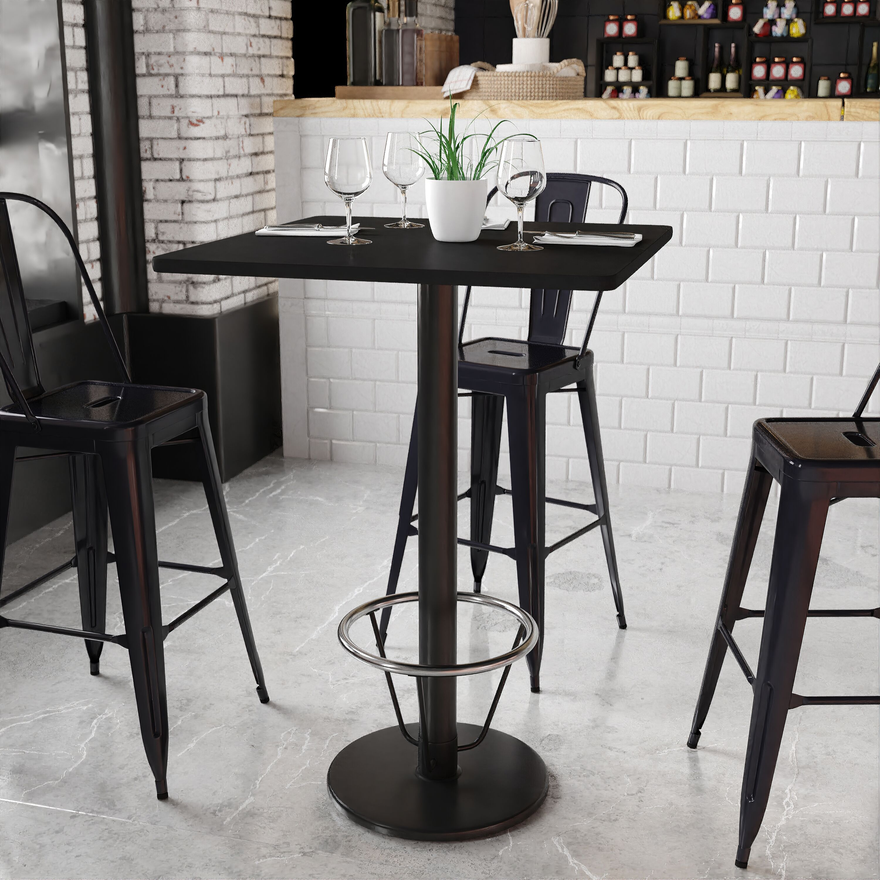 Flash Furniture 30'' Square Black Laminate Table Top with 18'' Round Bar Height Table Base and Foot Ring
