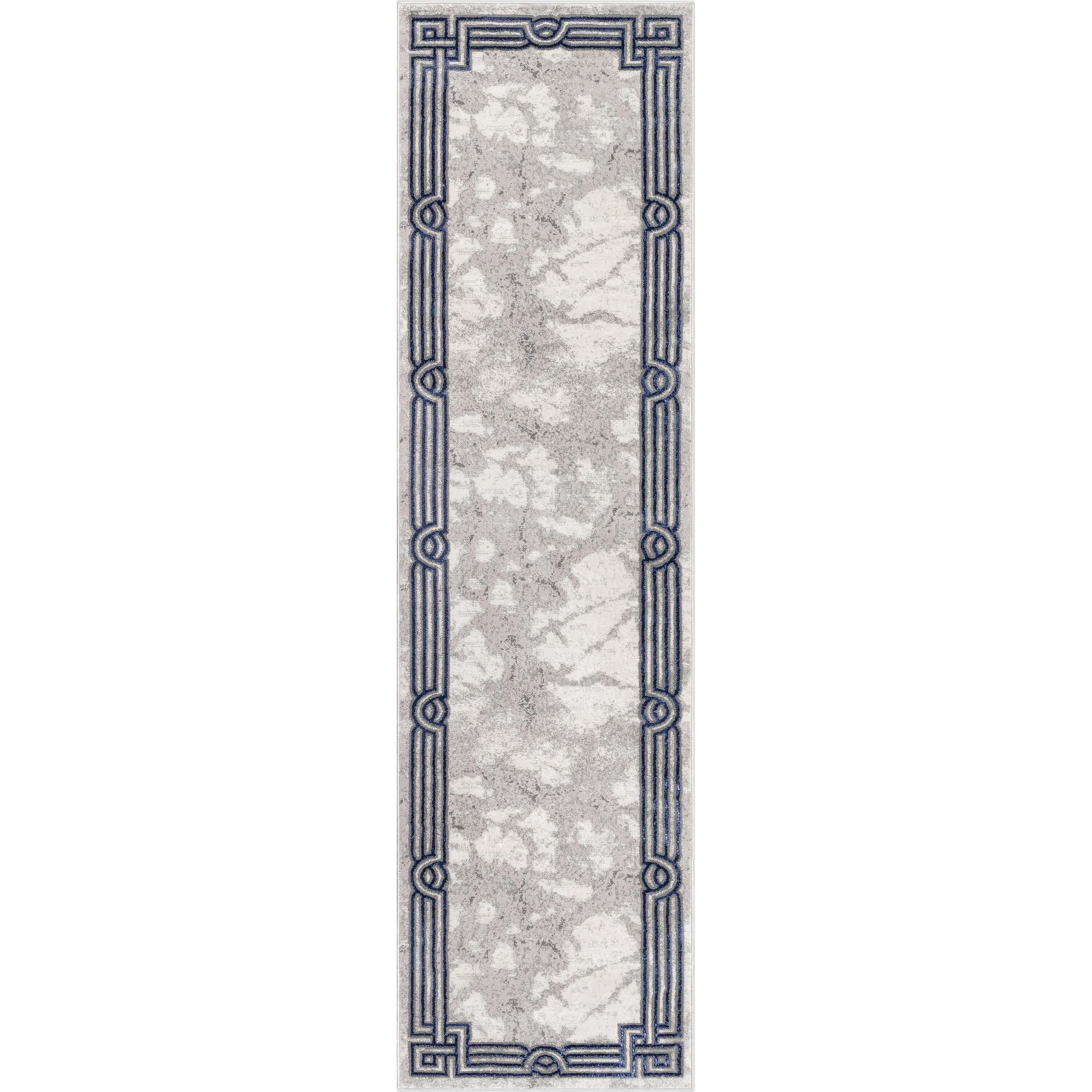 Well Woven Lezlee Abstract Modern 2'7" x 9'10" Runner Rug - Blue Marble Border - for Hallway, Entryway, Stair