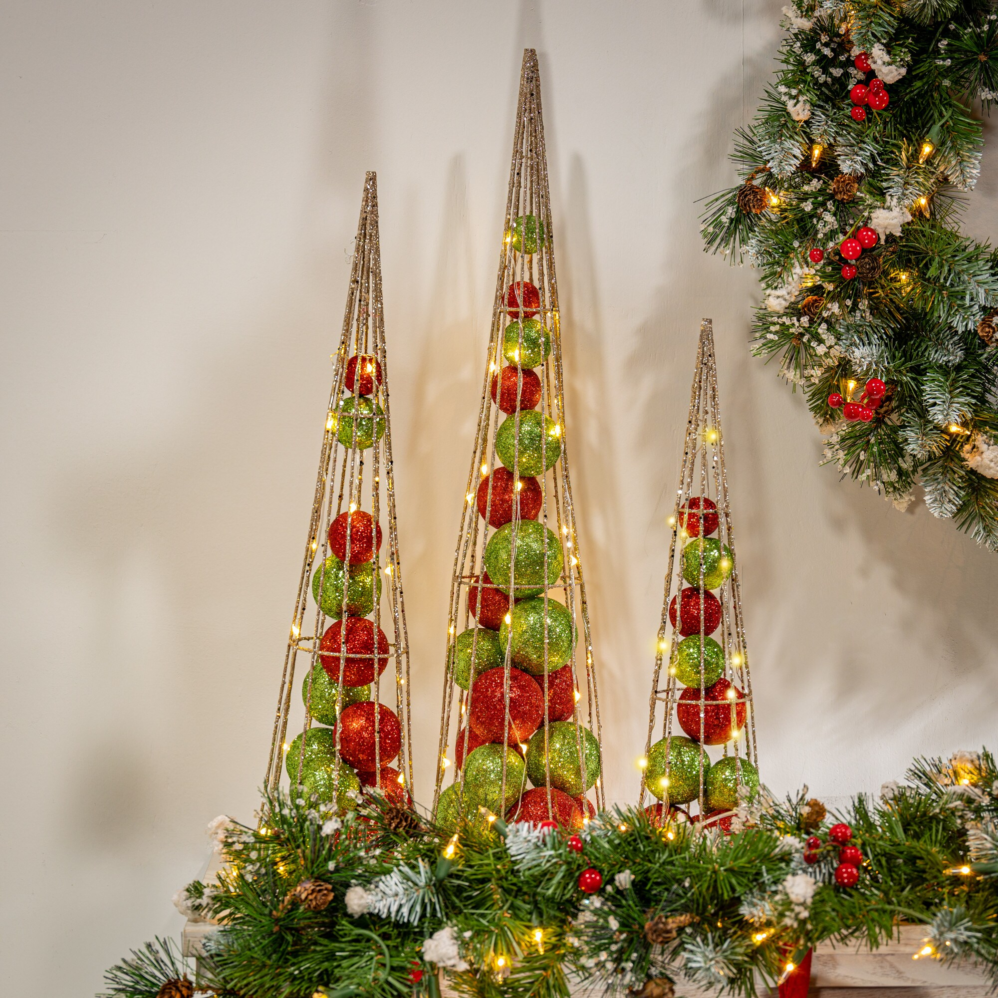 Gerson 2550120 Set of 3 Battery Operated Lighted Ornament Filled Cone Trees, Large is 24-inch Height