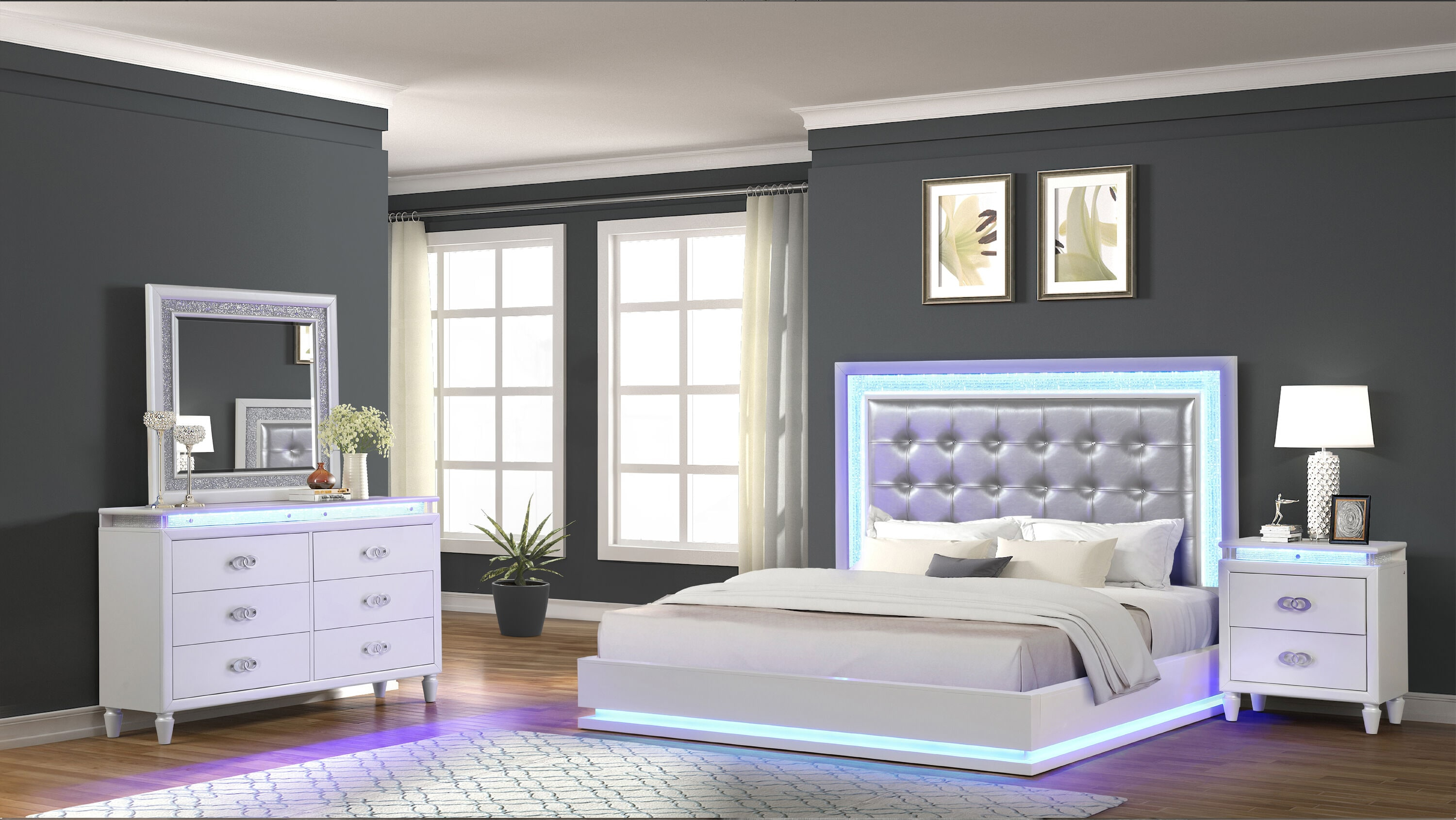 DeeHome Passion Queen 4 Pc LED Bedroom Set Made with Wood in Milky white