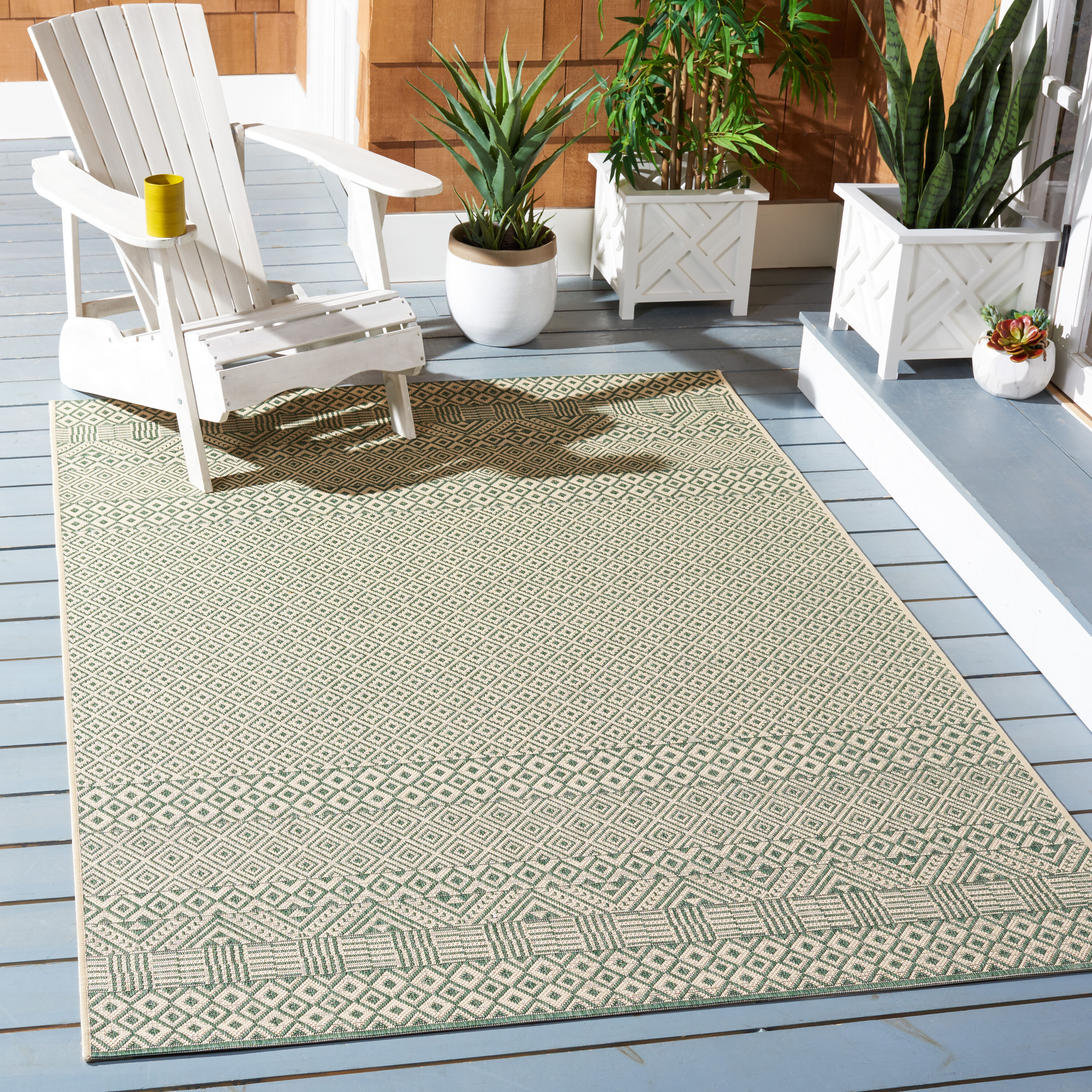 SAFAVIEH Courtyard Naomi Geometric Indoor/Outdoor Area Rug, Dark Green/Beige, 6'7" x 6'7" Square