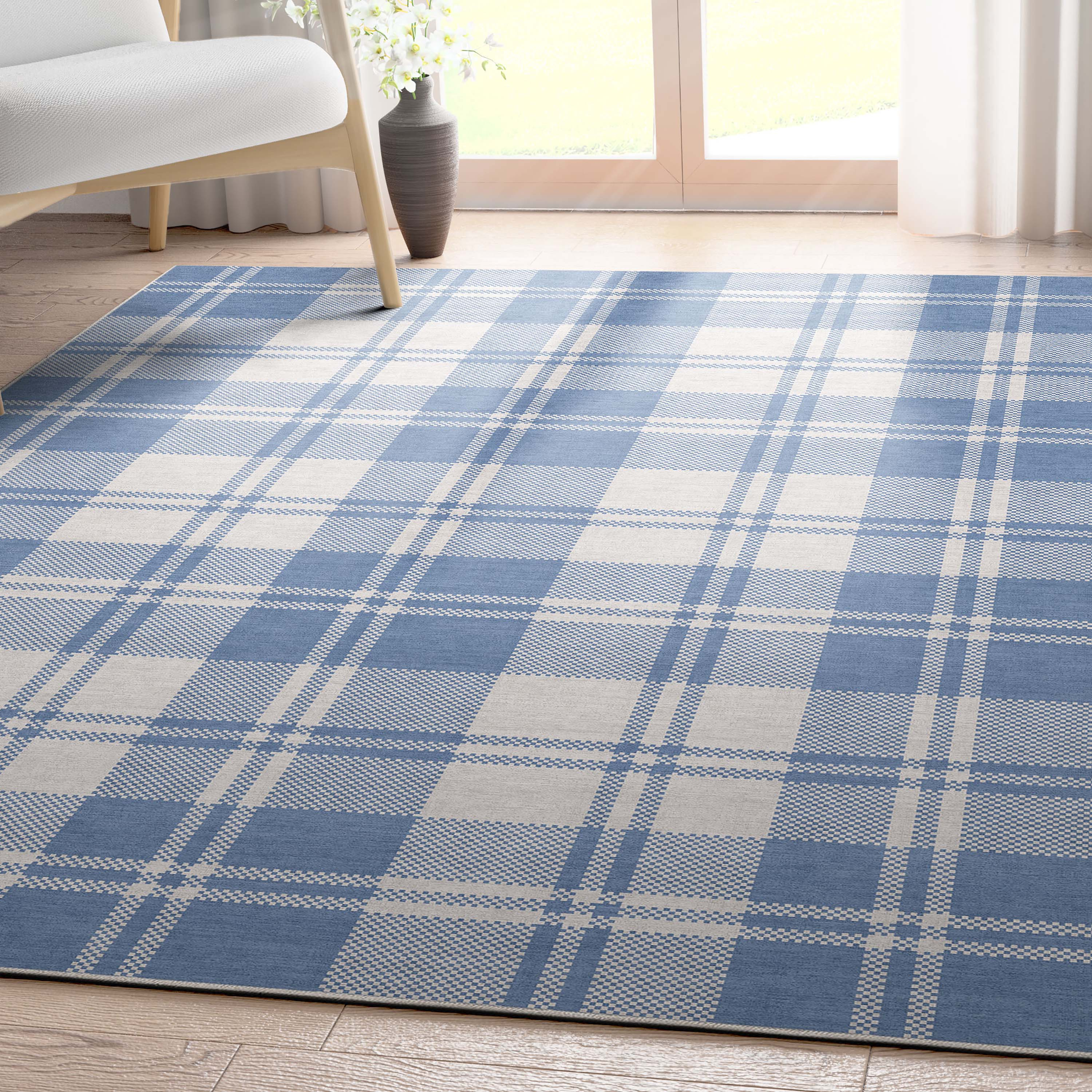 Well Woven Apollo Plaid Modern Blue Flat Pile Easy to Clean 5' x 7' Area Rug for Living Room Dining Room Bedroom and Kitchen