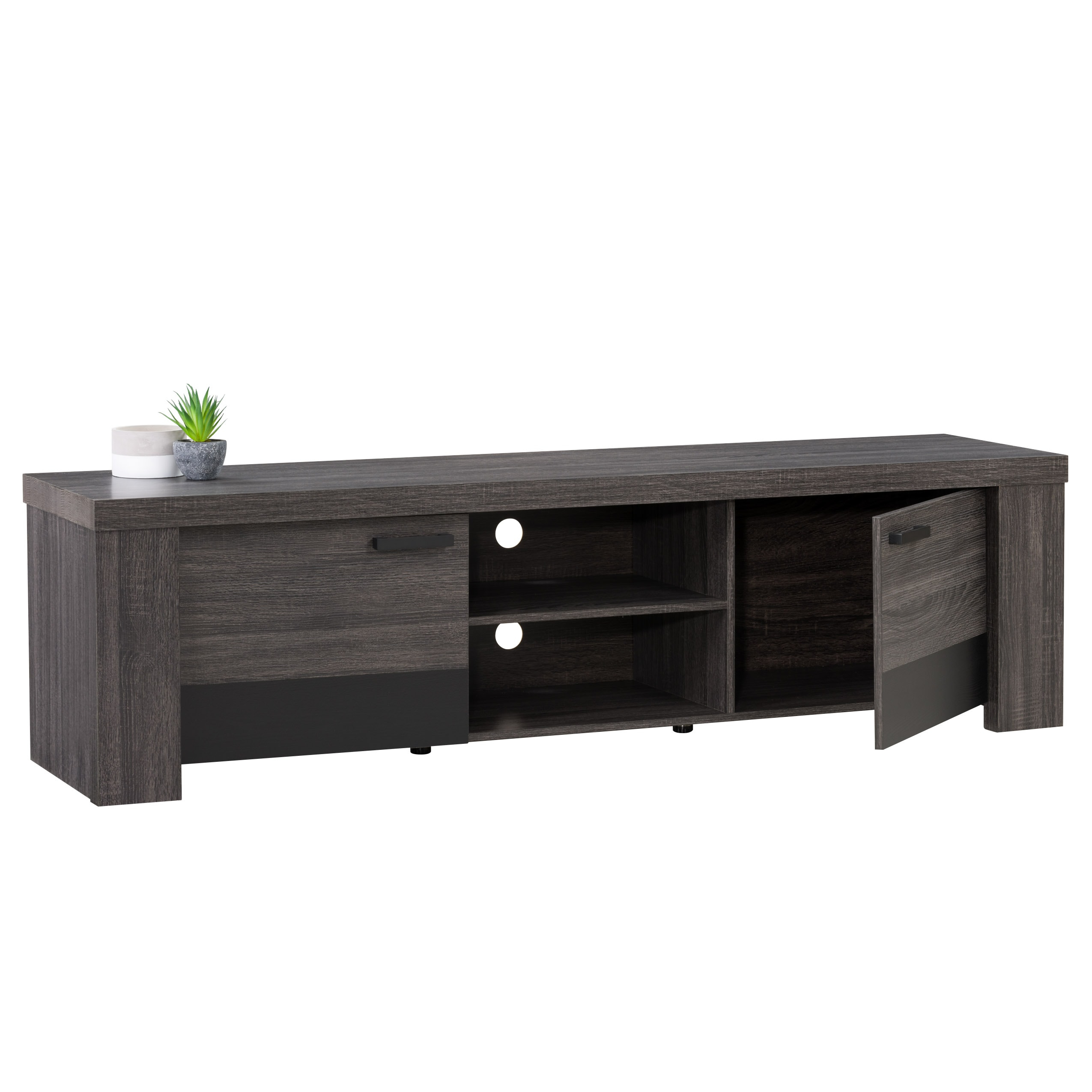 Distressed Carbon Grey and Black Wood TV Stand with Cabinet