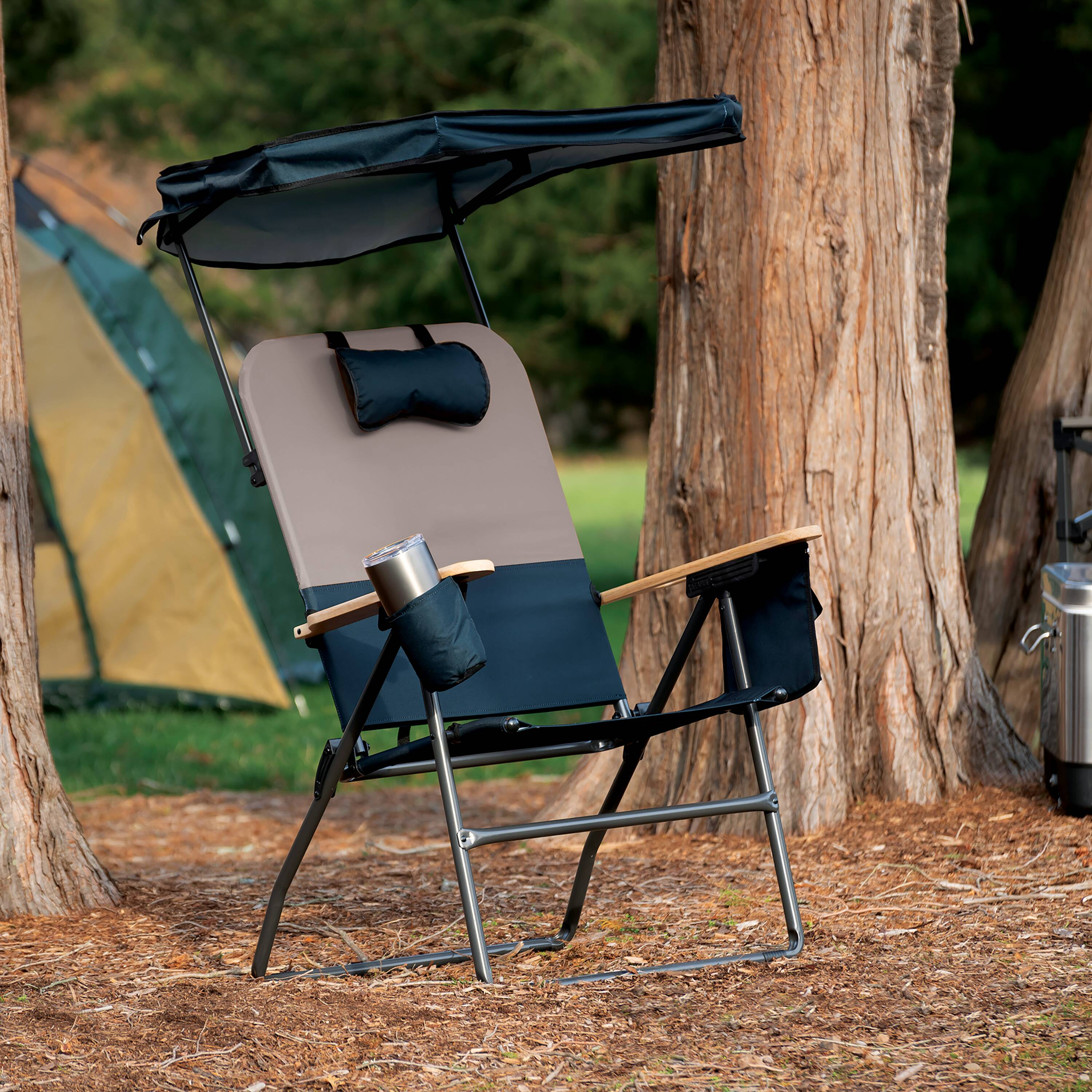 Gray and Black Steel Frame XXL Camping Chair with Wood Arms