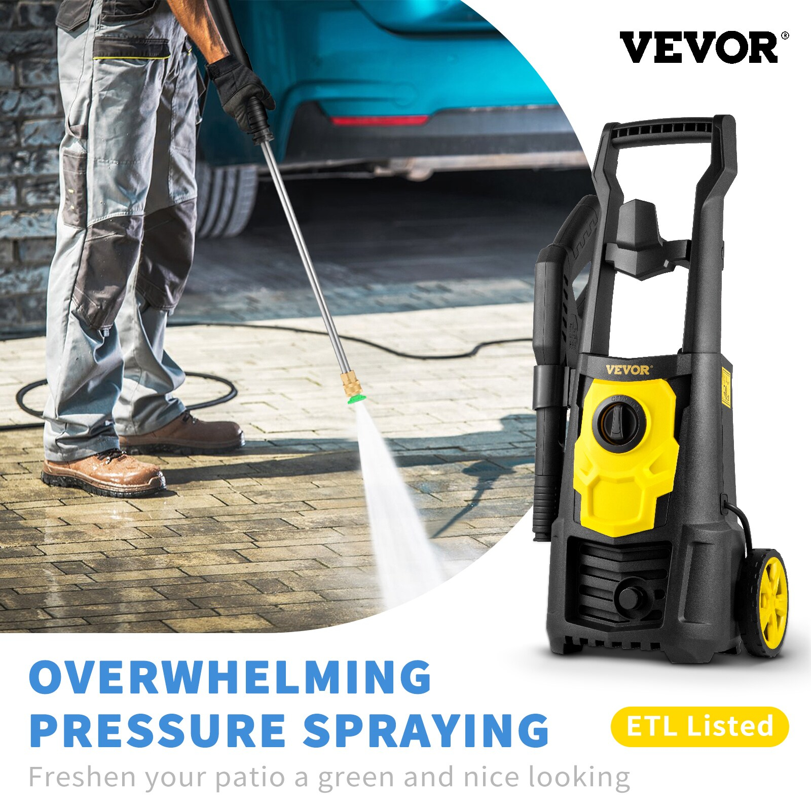 VEVOR 2000 PSI Black and Yellow Electric Pressure Washer with 5 Spray Tips