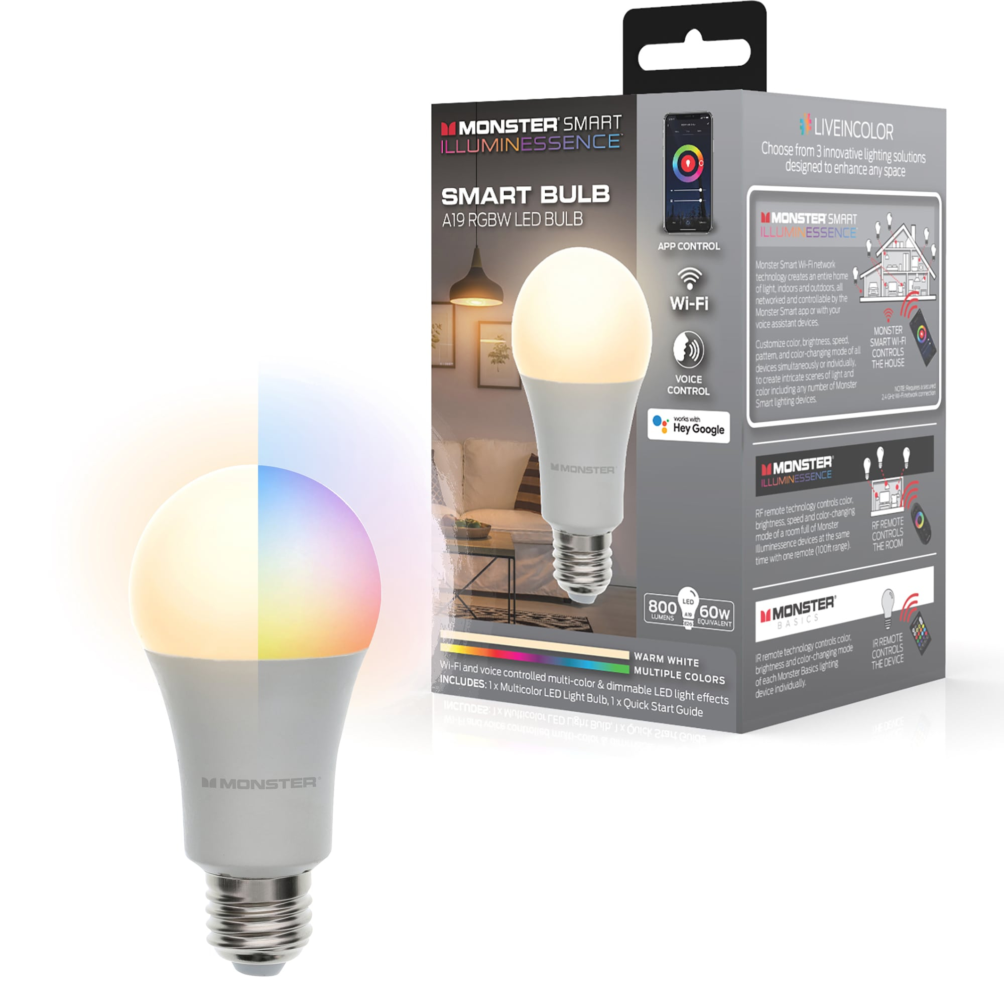 Monster LED Smart Wi-Fi Multi-Color and Warm-White LED Light Bulb, Indoor 60W, E26, A19, 1-Pack