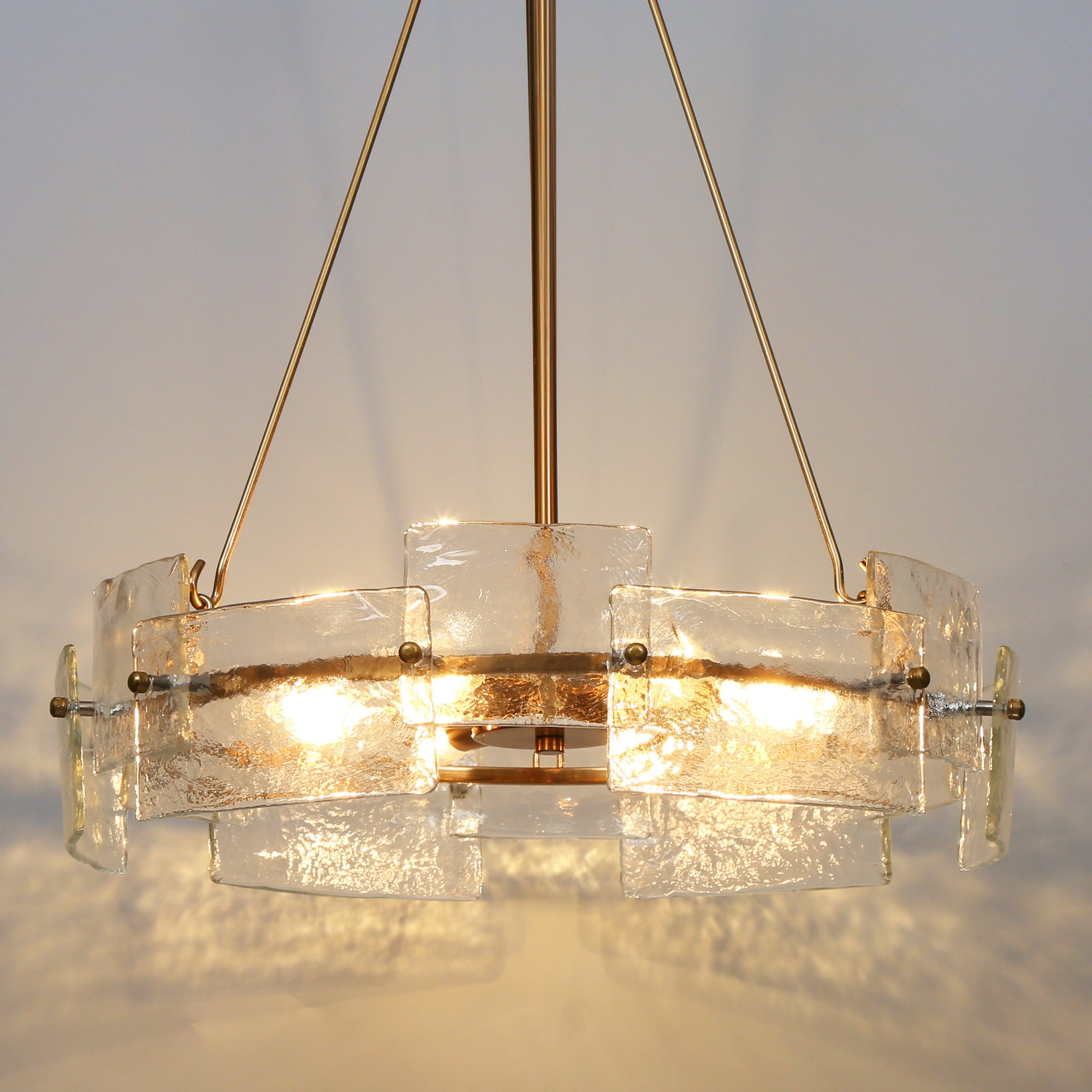 Modern Glam Gold 6-Light Drum Chandelier Textured Glass Pendant Light for Dining Room - D 20.5" x H 24"
