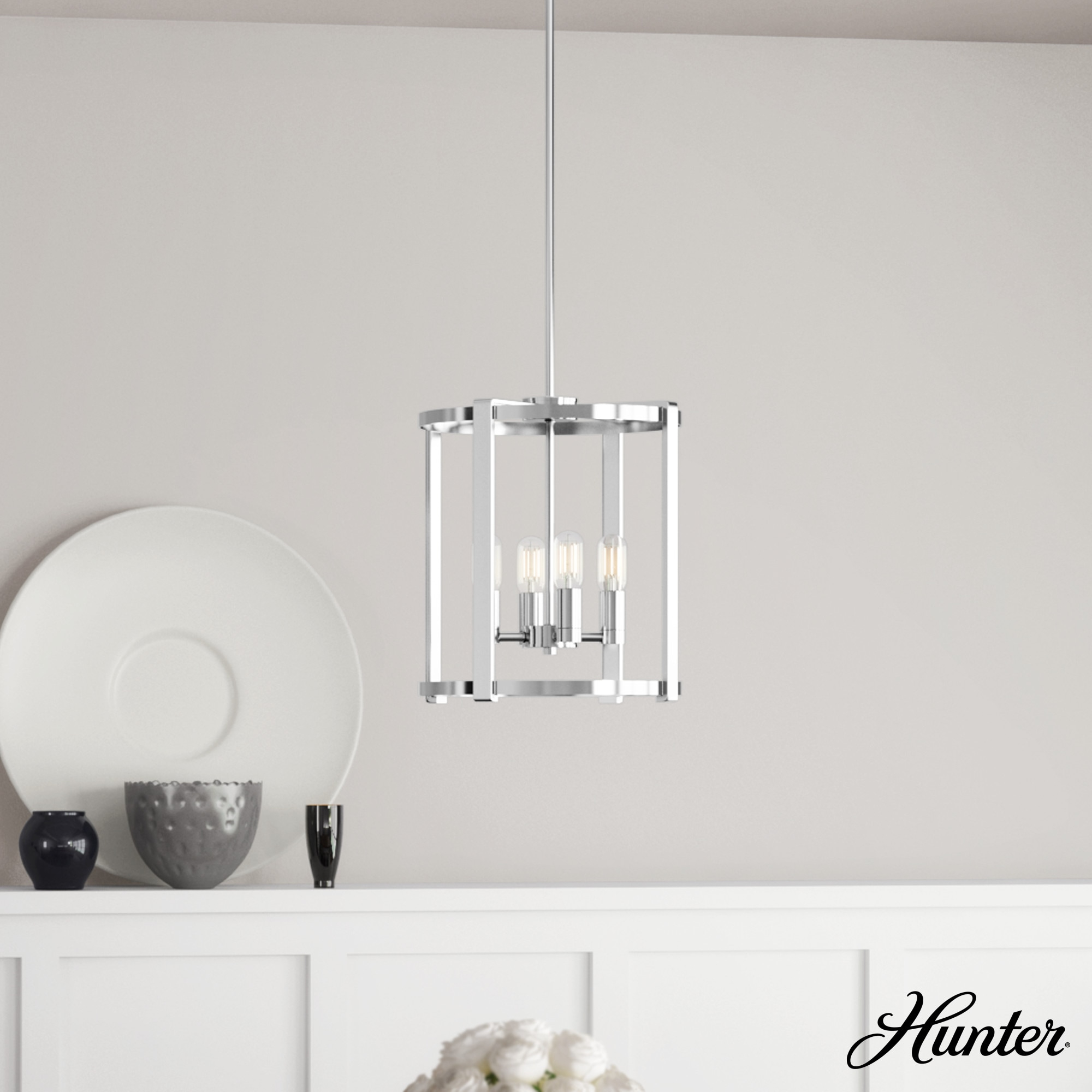 19002-Hunter Fans-Astwood 4-Light Lantern Chandelier in Caged Style-16 Inches Wide by 25.5 Inches High-Polished Nickel Finish