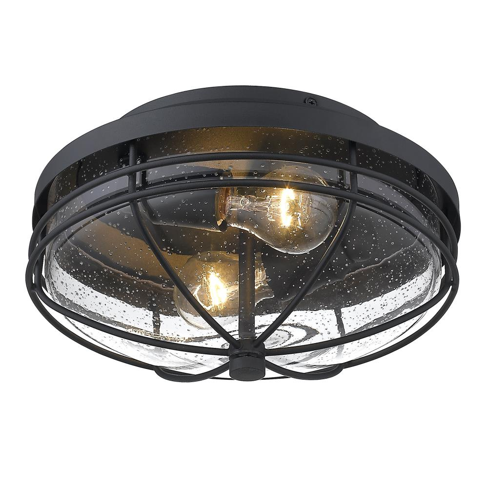 Golden Lighting Seaport 2-Light Outdoor Flush Mount in Natural Black with Seeded Glass