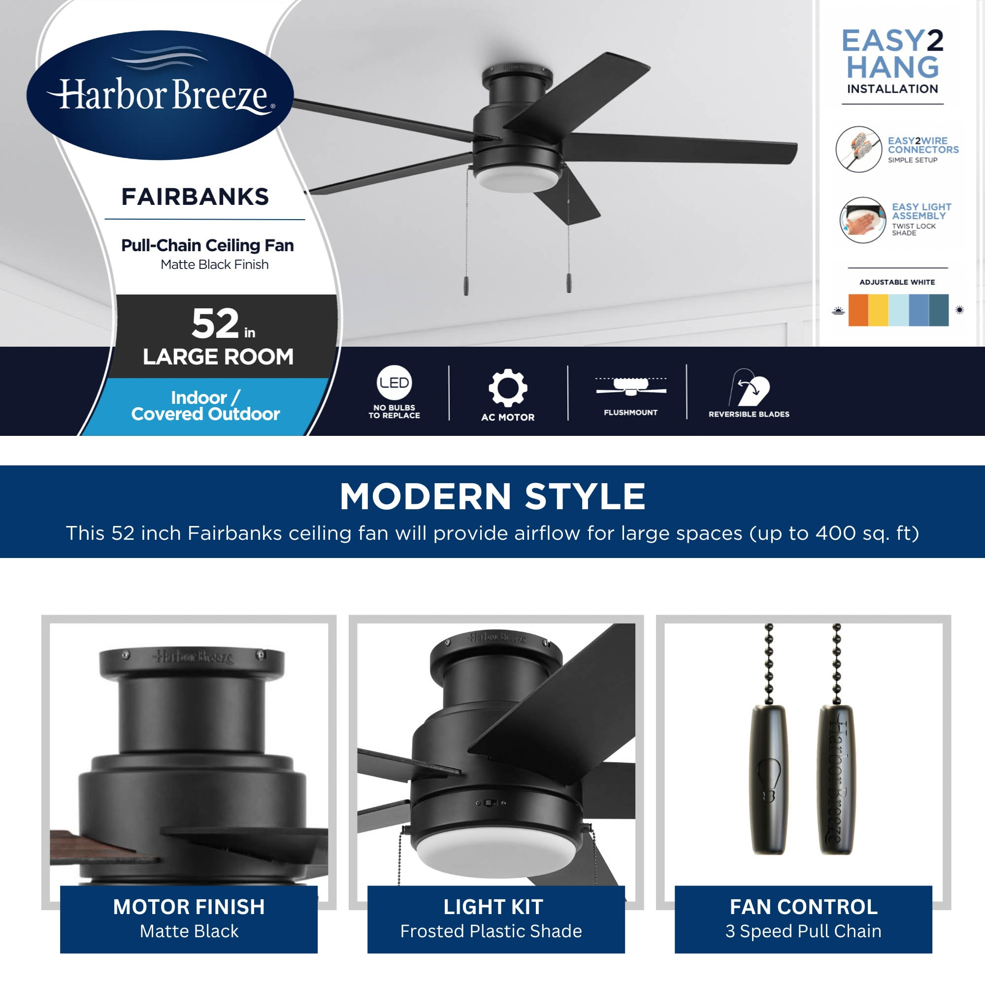 Harbor Breeze Fairbanks 52-Inches Matte Black with Black/Sable Blades Color-Changing Indoor/Outdoor Flush mount Standard Ceiling Fan With Light ( 5 -Blade)
