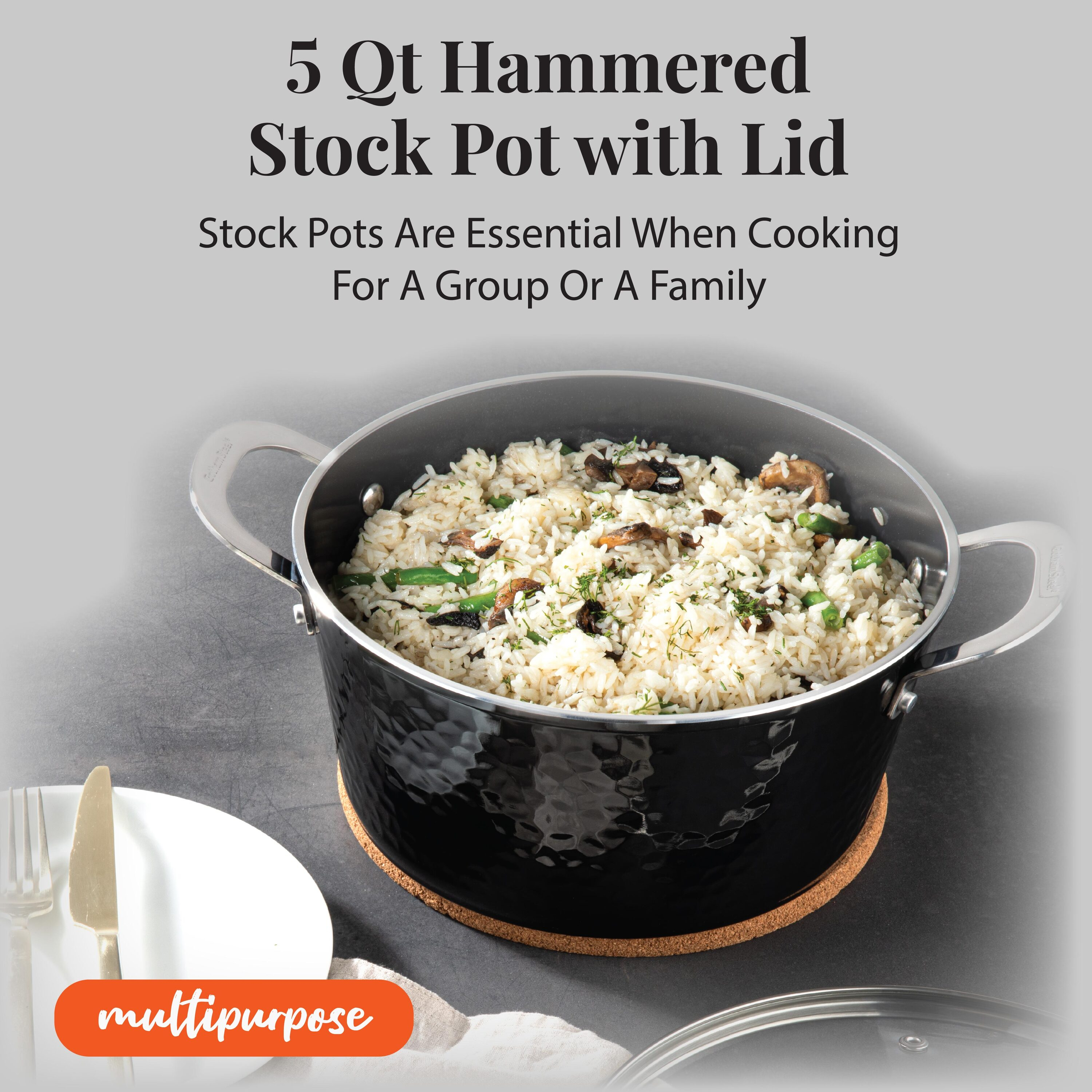 Gotham Steel Hammered Stock Pot 5 Quart Large Soup Pasta Pot Nonstick Ceramic Cooking with Glass Lid Black