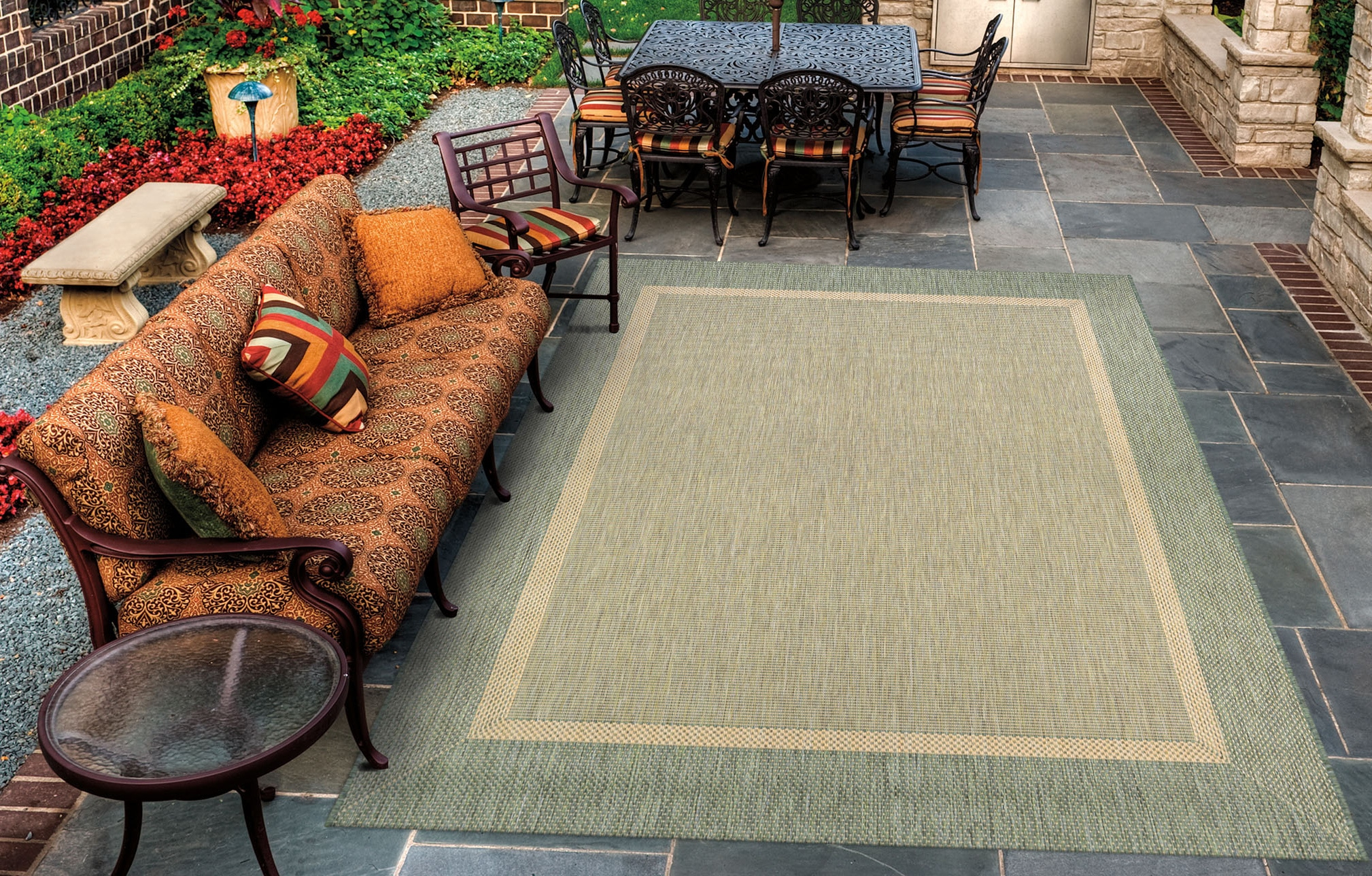 Couristan Recife Stria Texture Indoor/Outdoor Rug, 7'6", Square, Natural- Green Color, Hose Washable, 5526/1812
