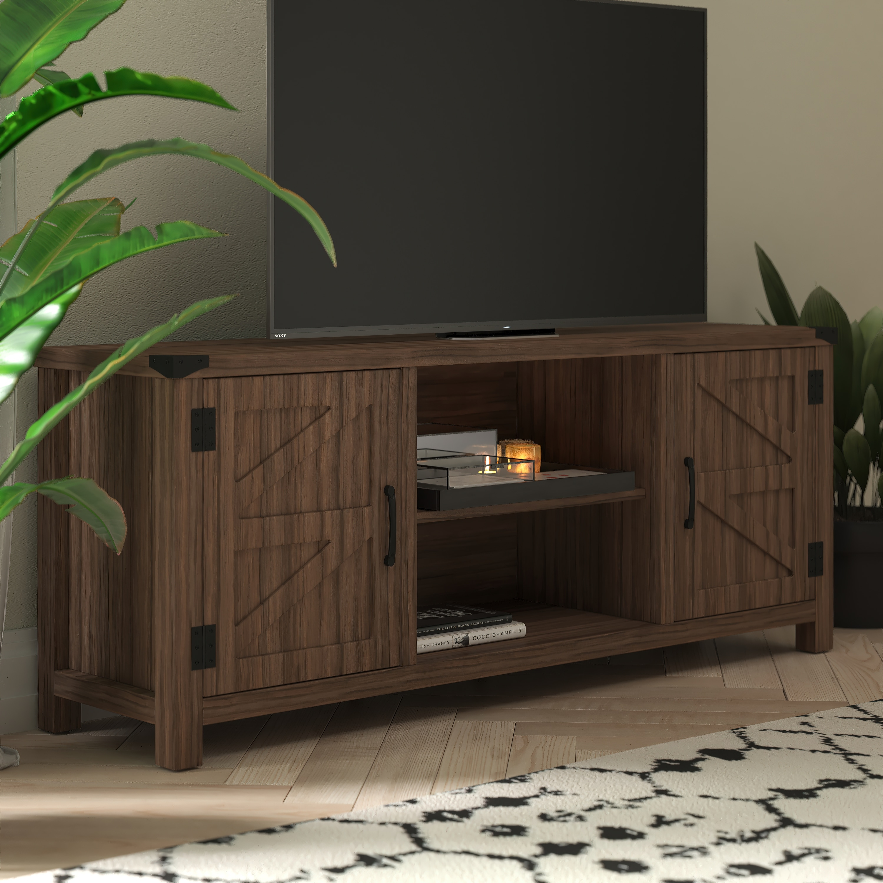 BizChair Modern Farmhouse Barn Door TV Stand - Gray Wash Oak for TV's up to 65 Inches - 59" Entertainment Center with Adjustable Shelf