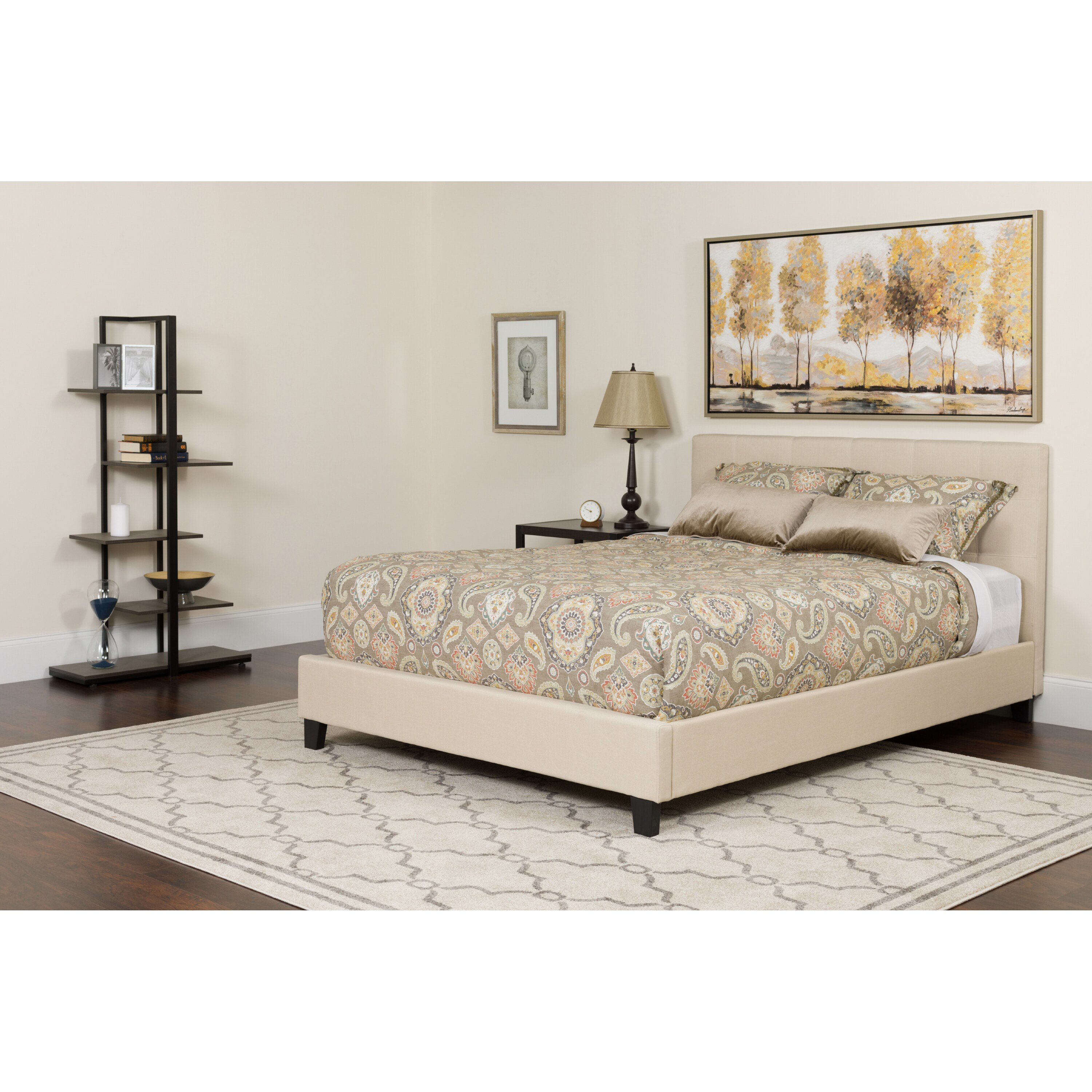 Flash Furniture Tribeca Full Size Tufted Upholstered Platform Bed in Beige Fabric with Pocket Spring Mattress