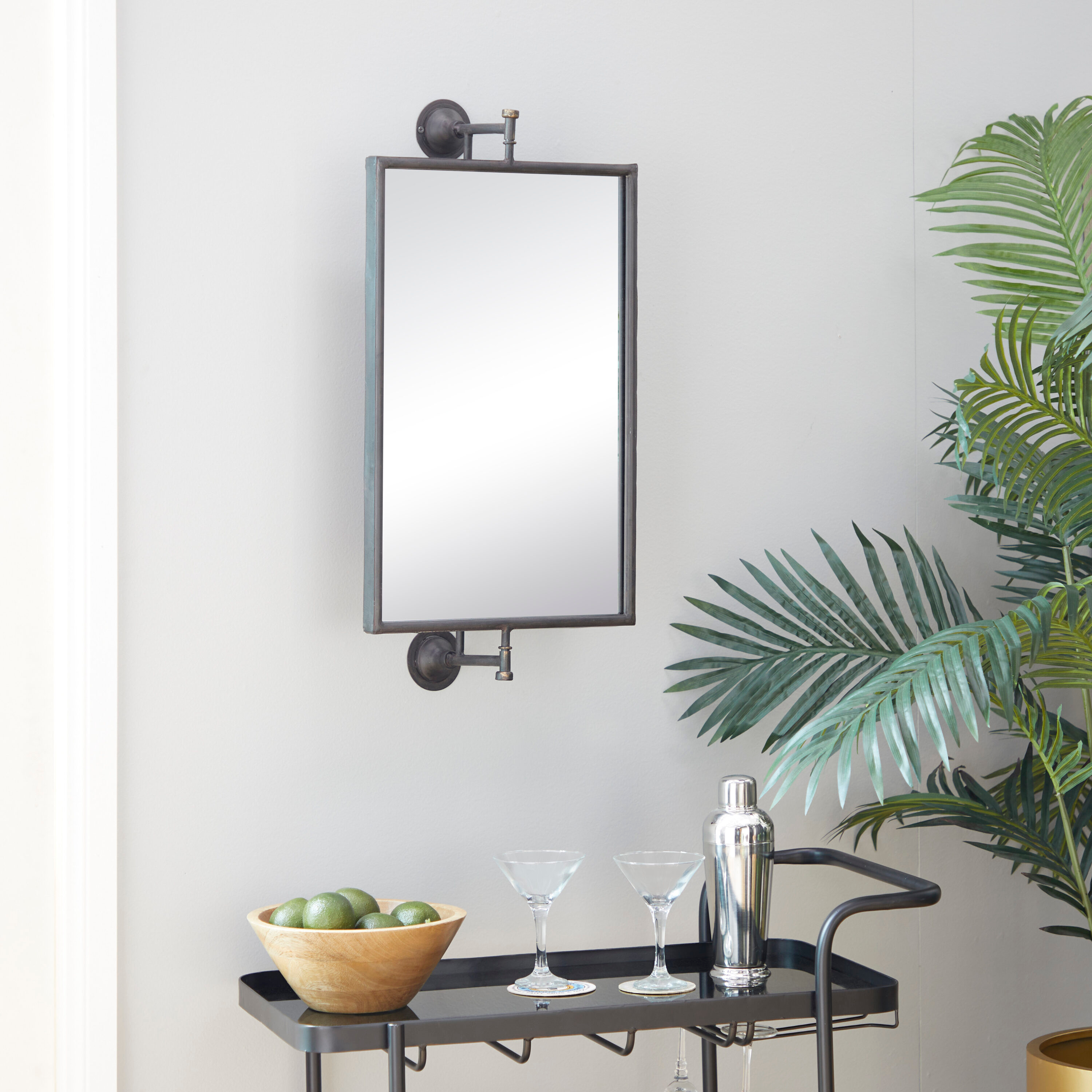 DecMode Industrial Rectangular Metal Wall Mirror with Pull Handle Design and Black Finish, 14"W x 28"H