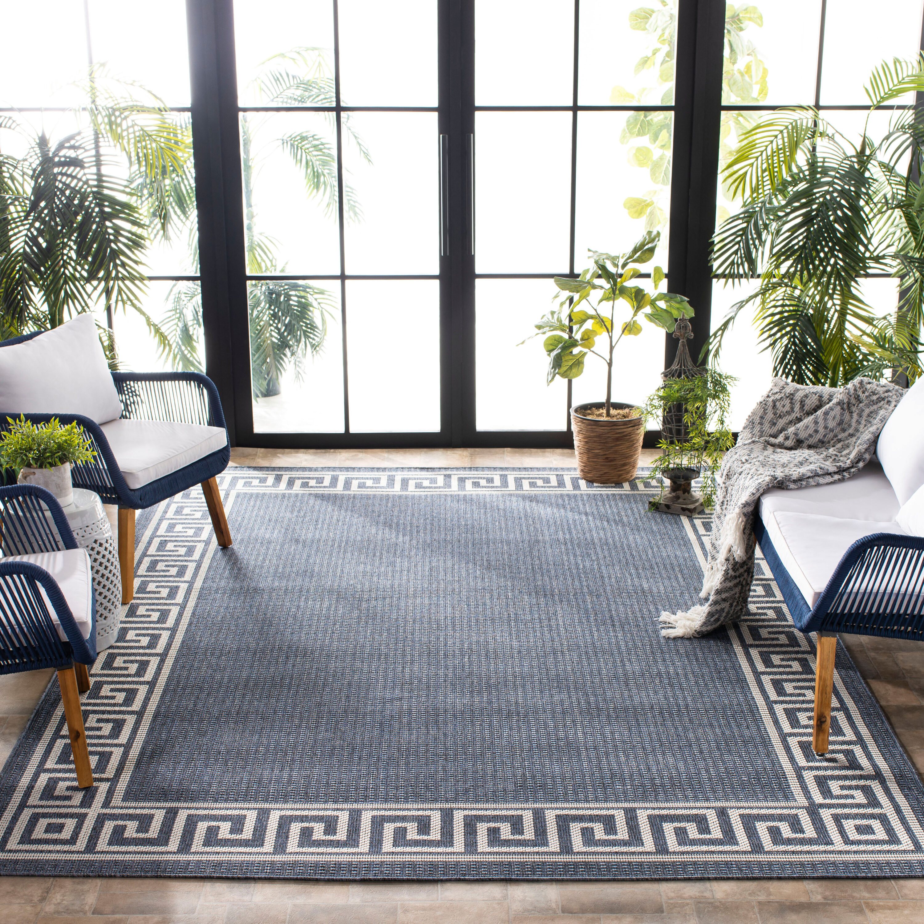SAFAVIEH Bermuda Isidora Geometric Machine Washable Indoor/Outdoor Area Rug, Dark Blue/Ivory, 8' x 10'