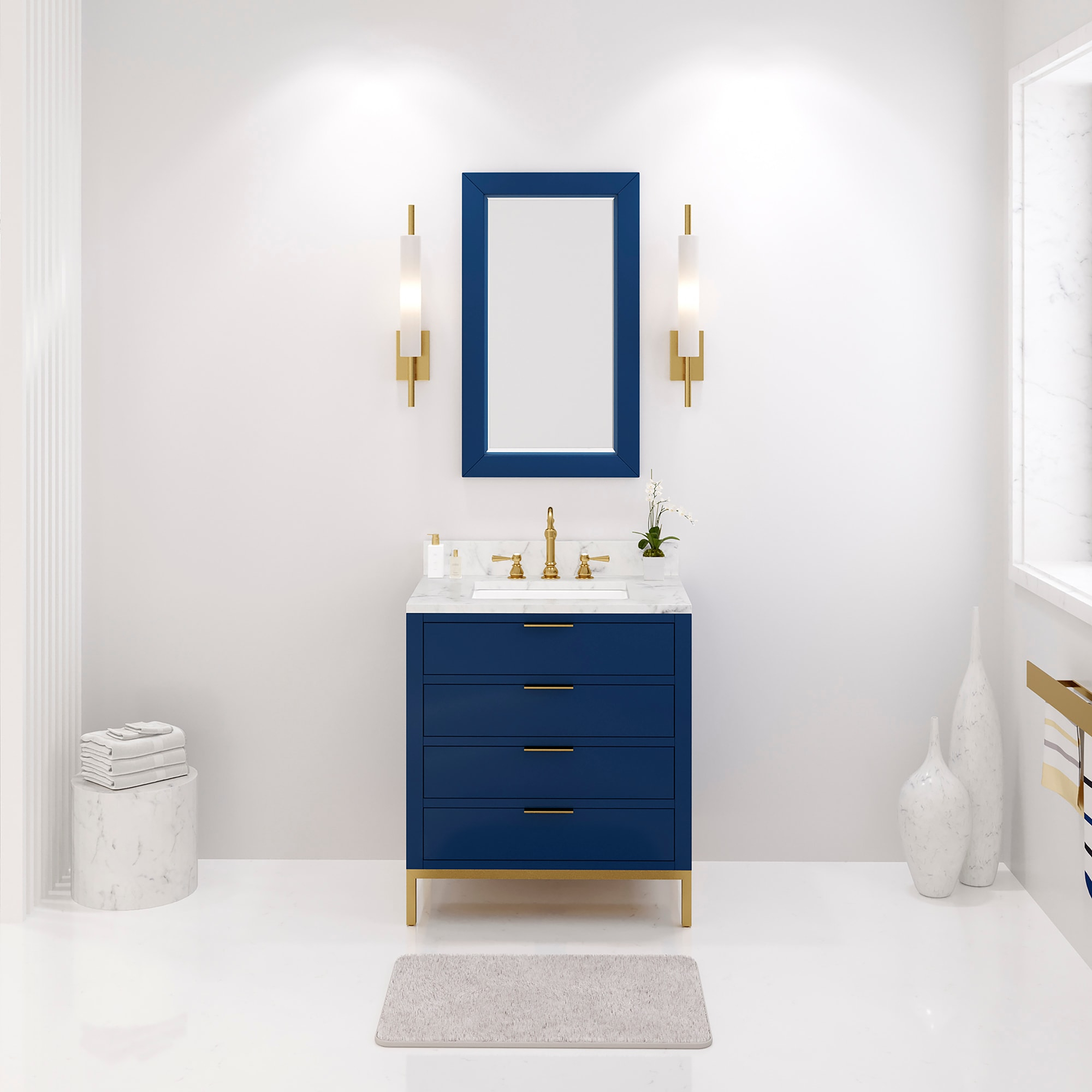Bristol 30 in. W x 21.5 in. D Vanity in Monarch Blue with Marble Top in White with White Basin