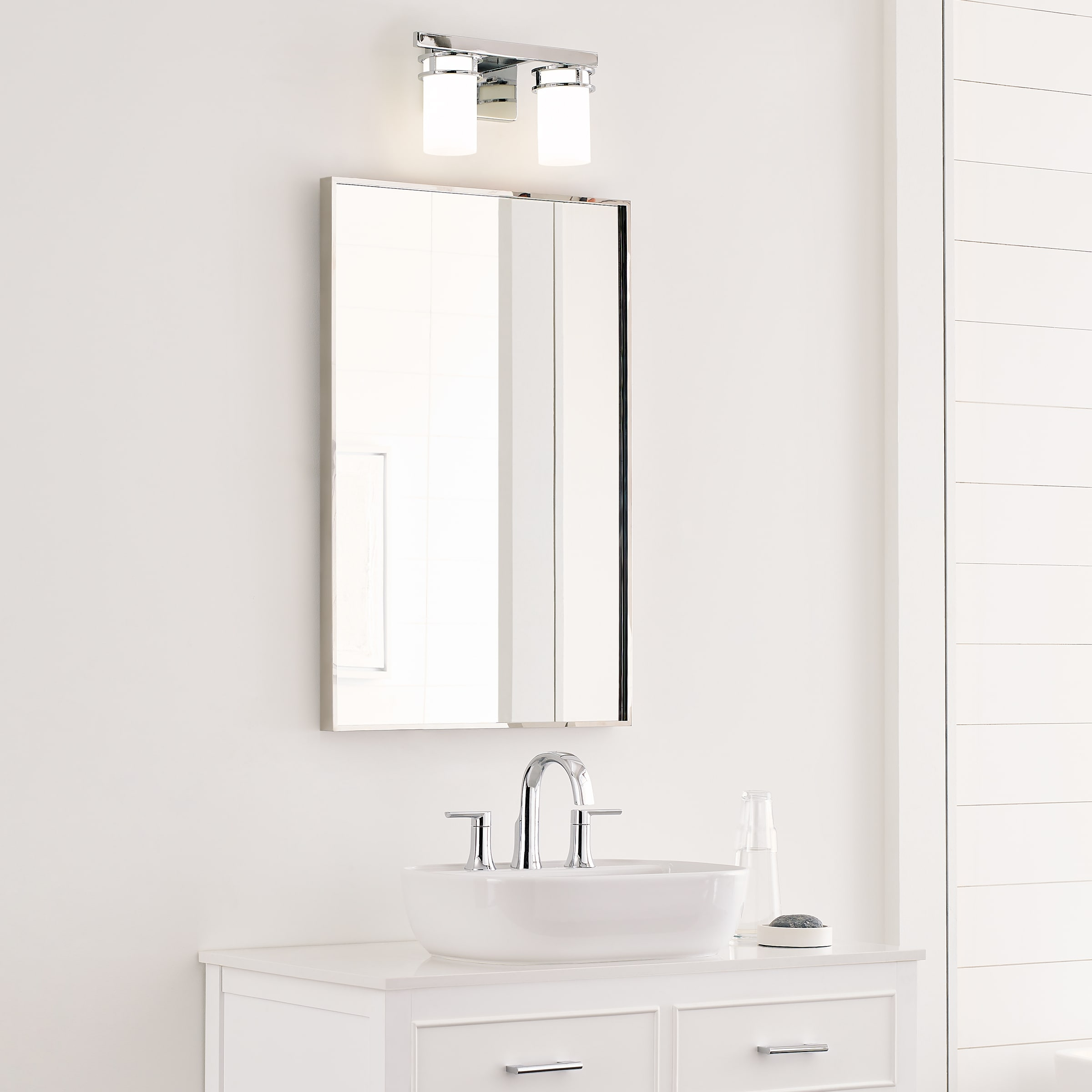 Robie 14 in. 2-Light Chrome Transitional Rustic Wall Bathroom Vanity Light with Etched White Glass Shades